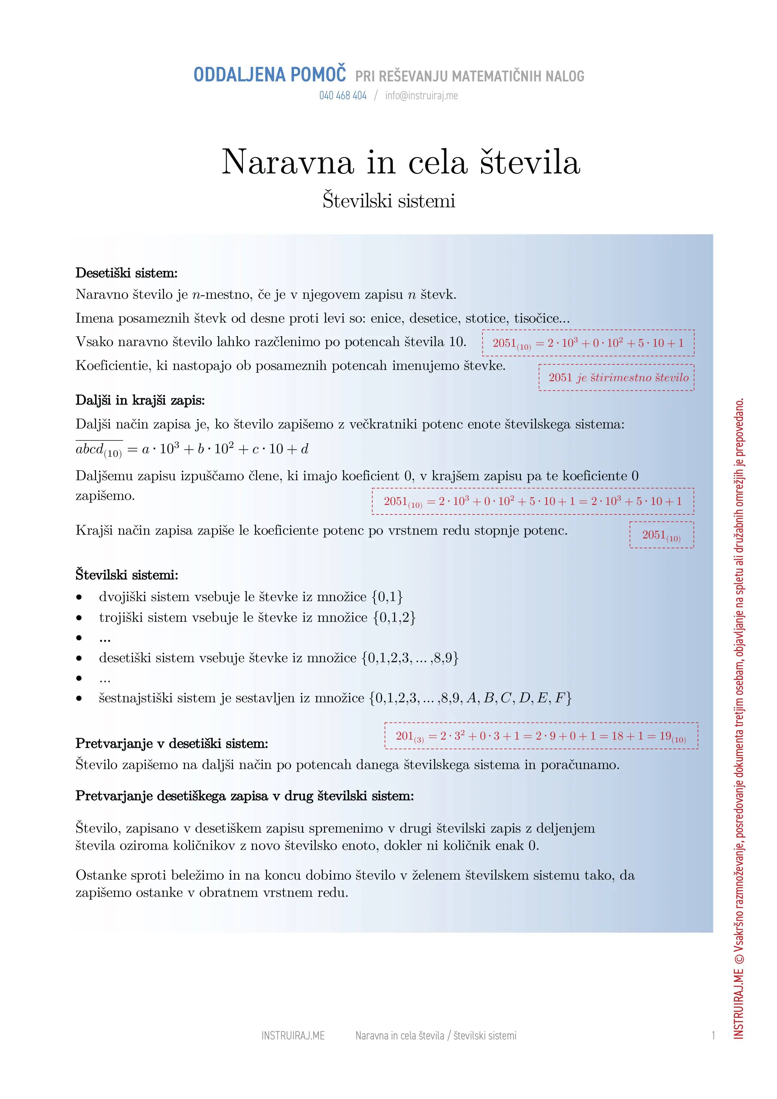Naravna in cela števila: Številski sistemi