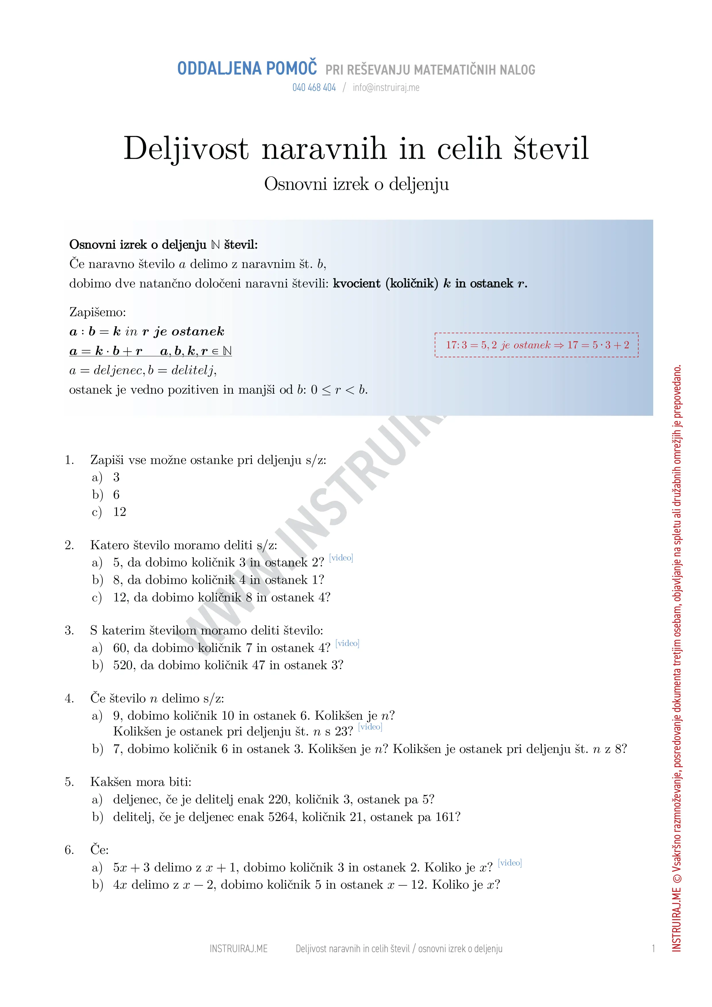 Deljivost naravnih in celih števil: Osnovni izrek o deljenju