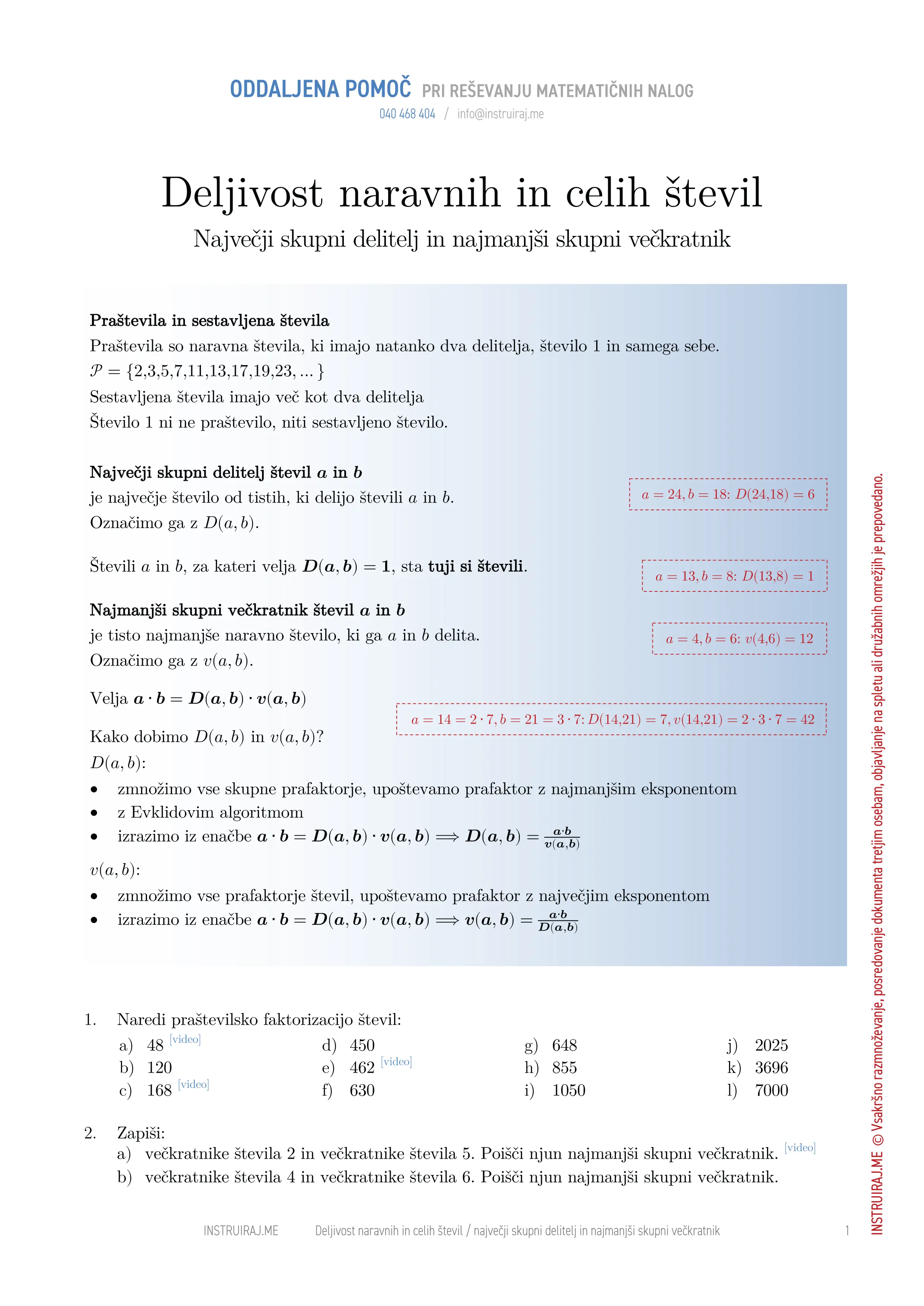 Deljivost naravnih in celih števil: Največji skupni delitelj in najmanjši skupni večkratnik