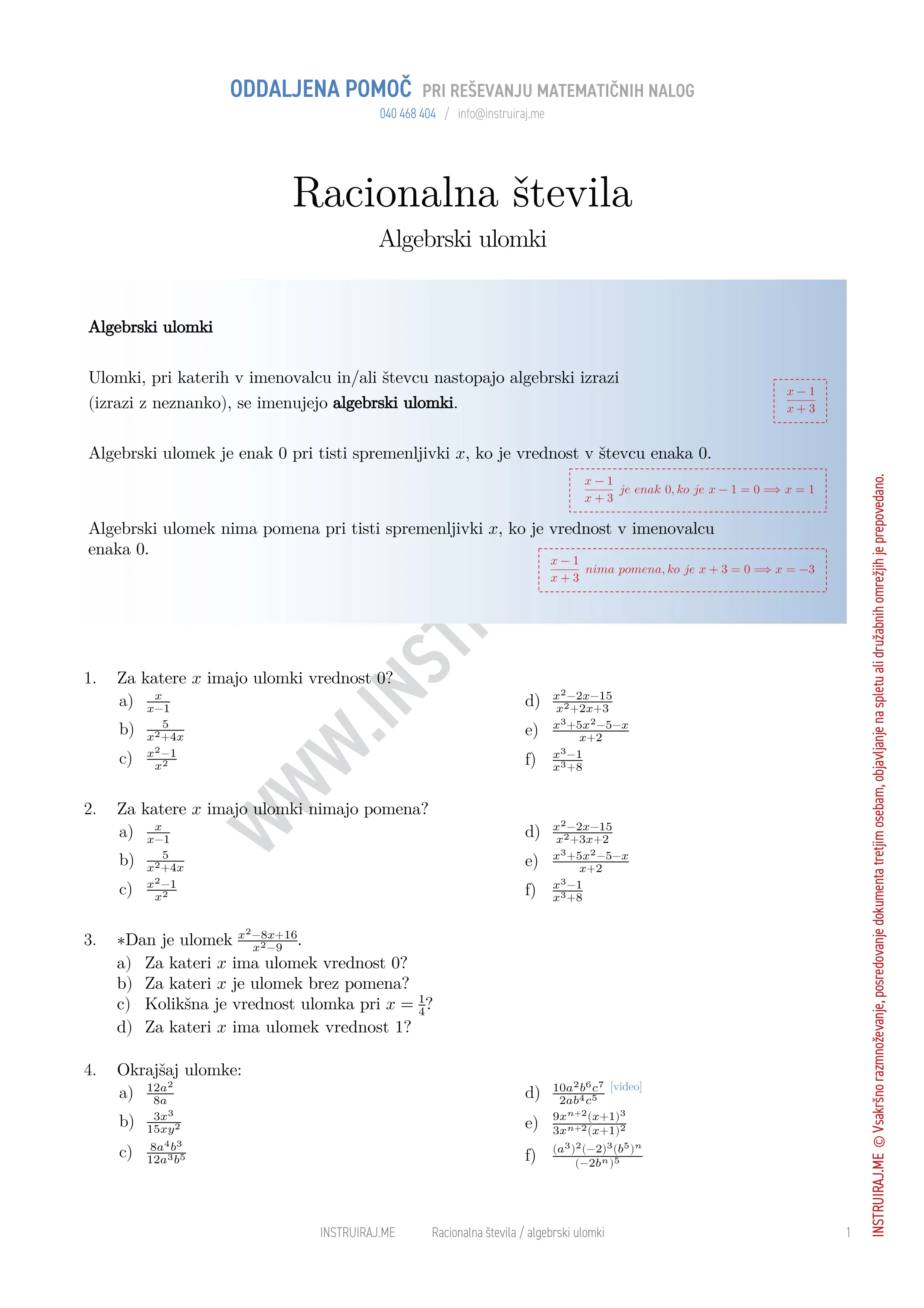 Racionalna števila: Algebrski ulomki