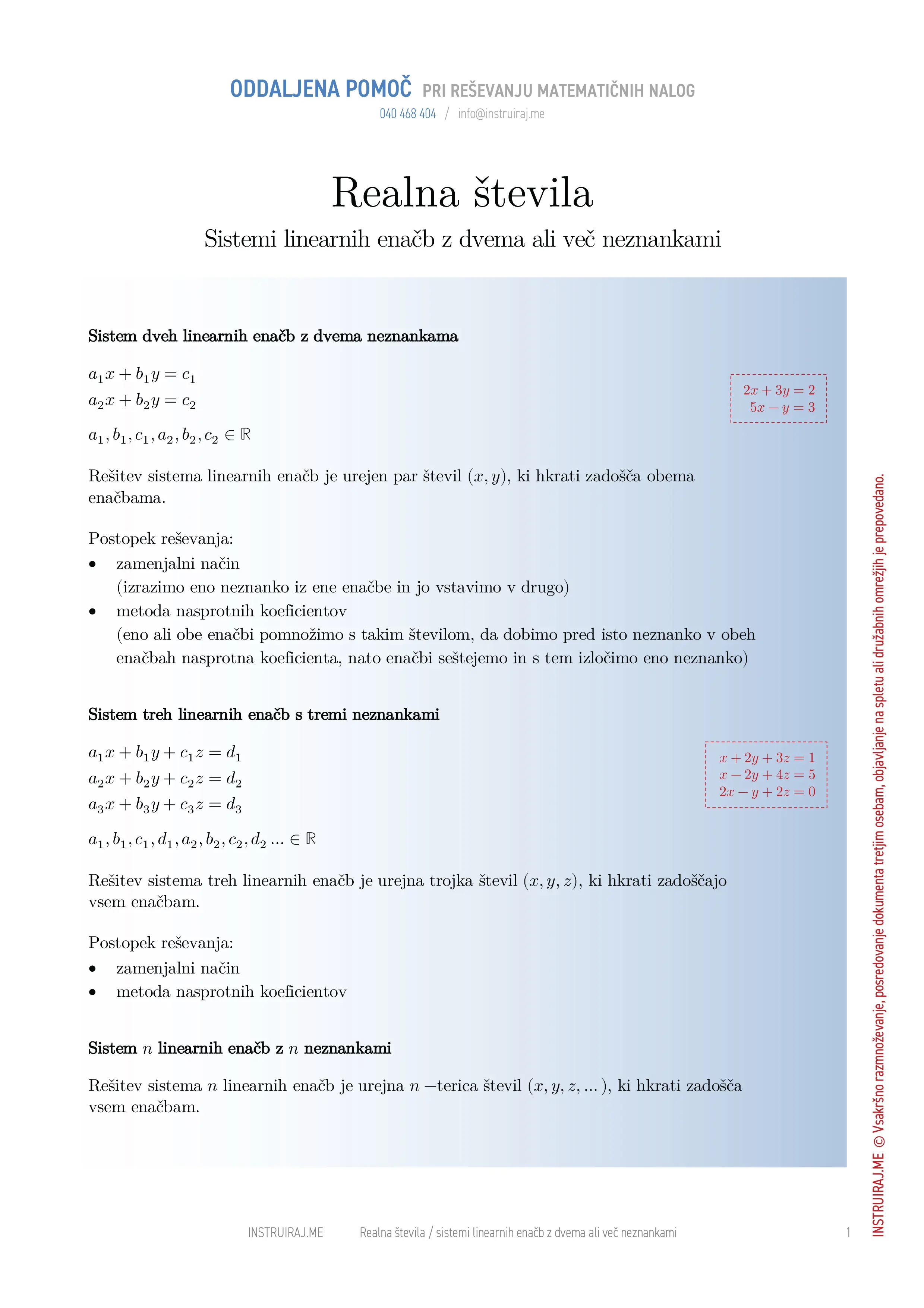 Realna števila: Sistemi linearnih enačb z dvema ali več neznankami
