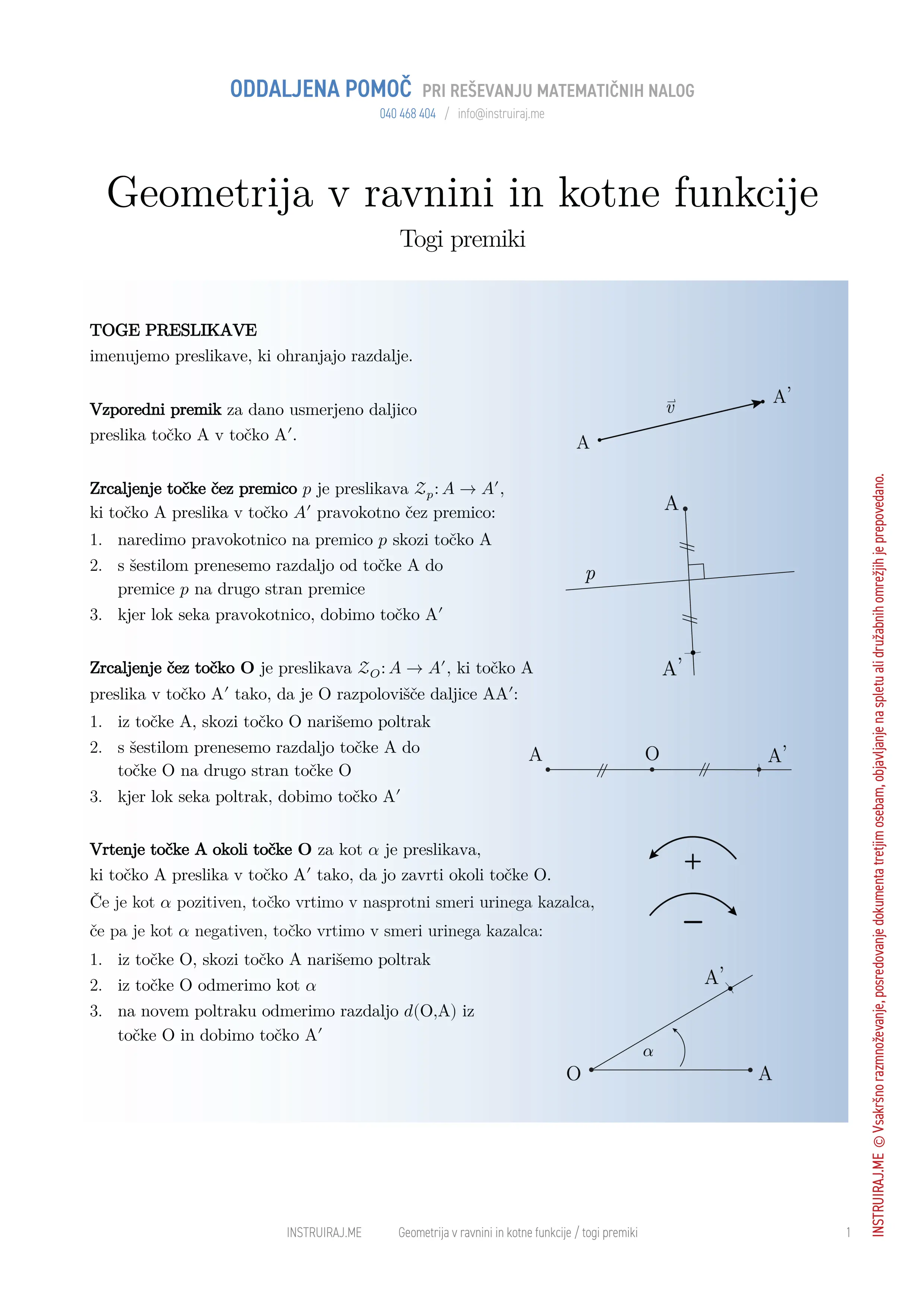 Geometrija v ravnini in kotne funkcije: Togi premiki