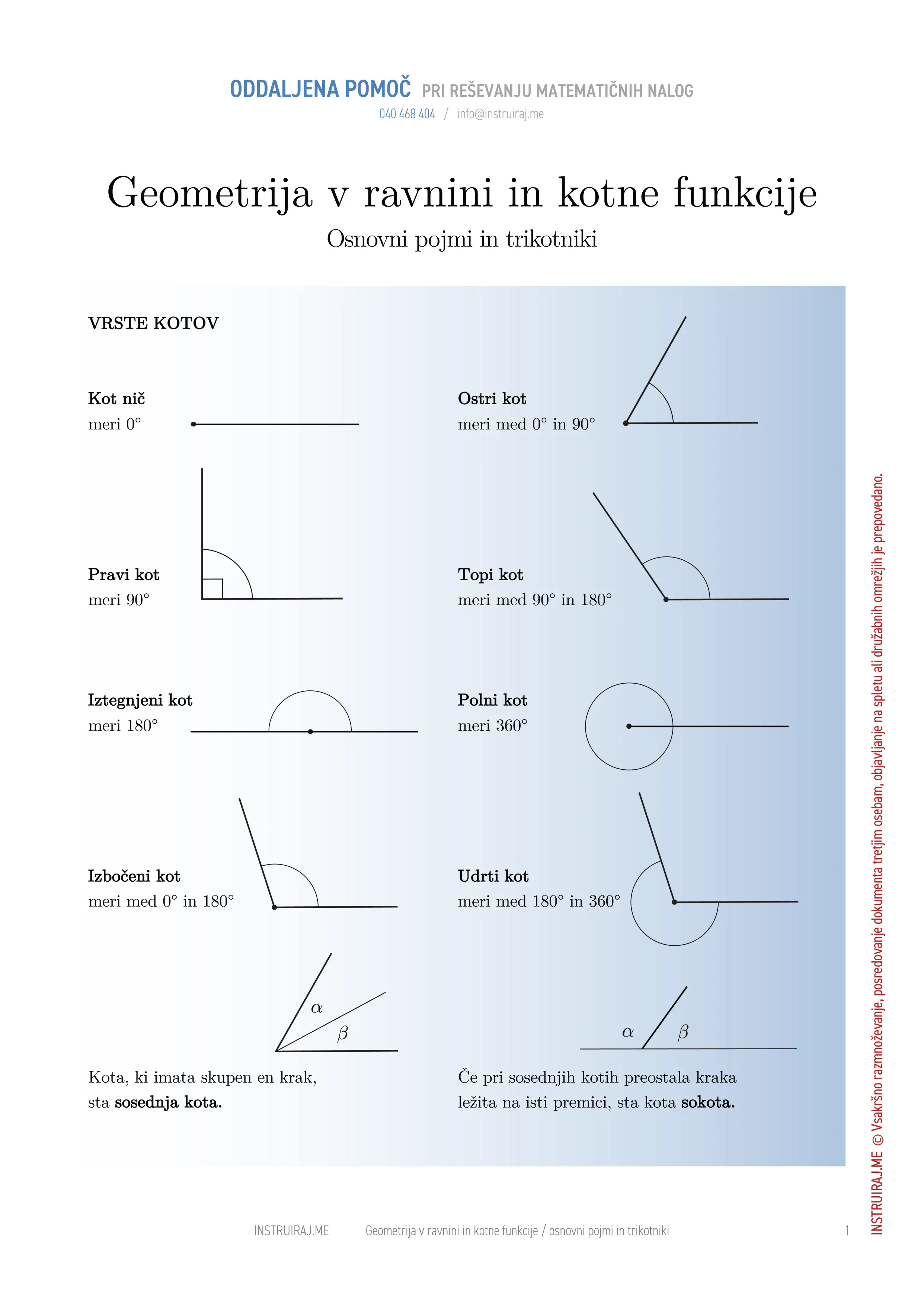 Geometrija v ravnini in kotne funkcije: Osnovni pojmi in trikotniki