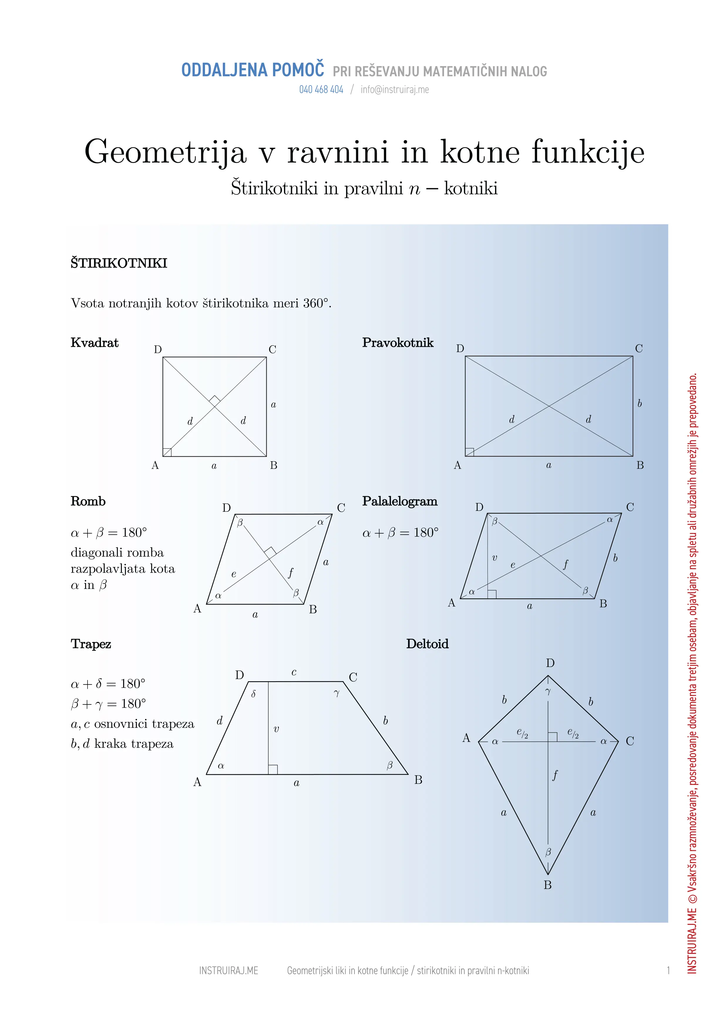 Geometrija v ravnini in kotne funkcije: Štirikotniki in pravilni n-kotniki