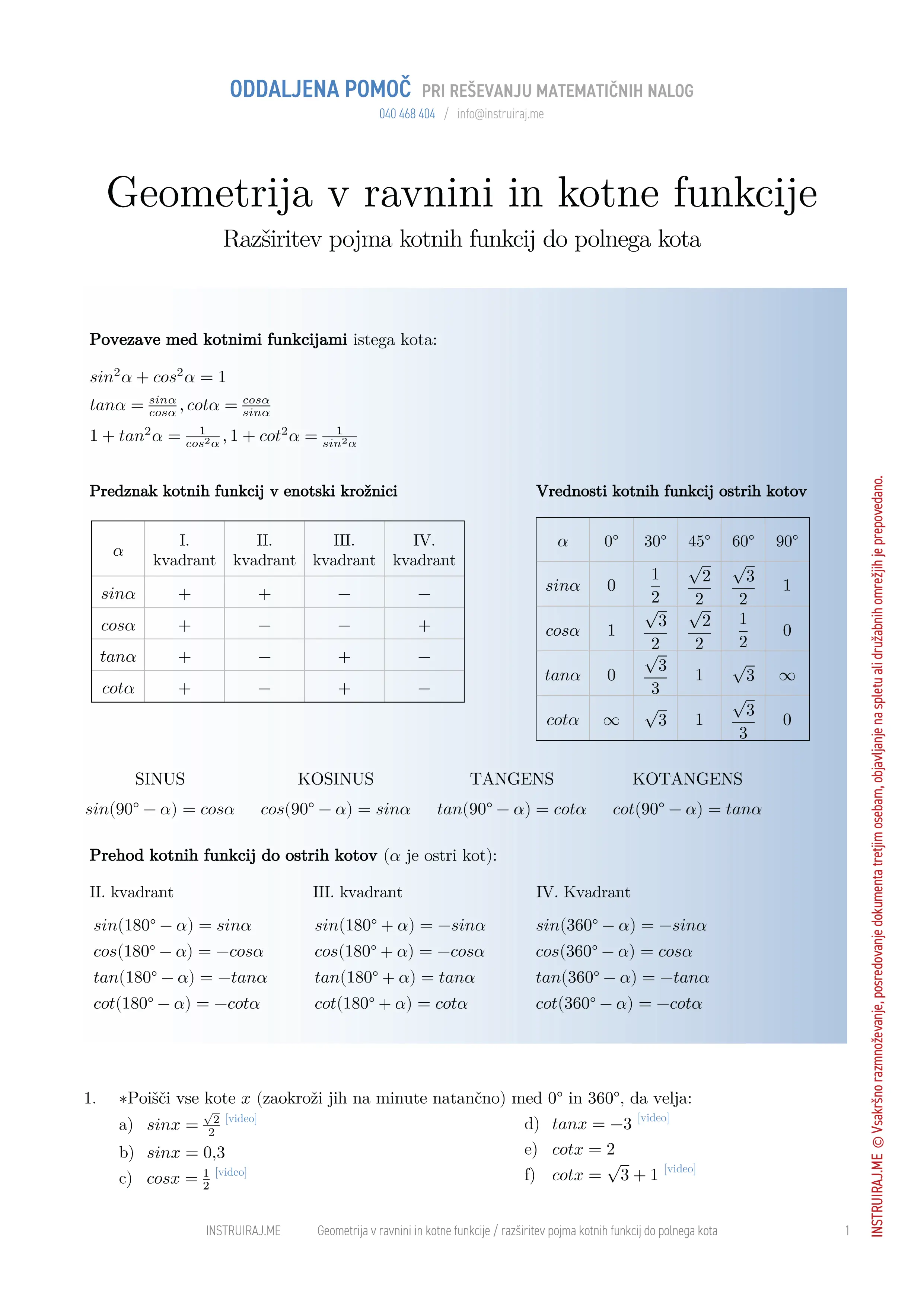 Geometrija v ravnini in kotne funkcije: Razširitev pojma kotnih funkcij do polnega kota