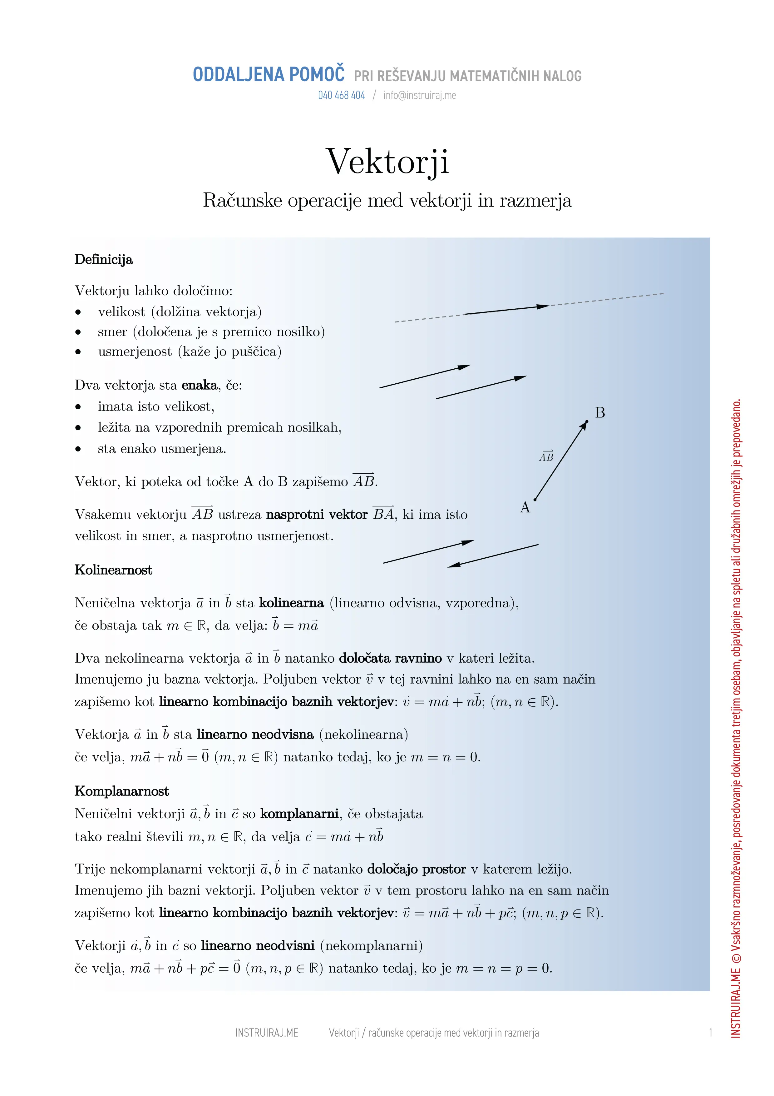 Vektorji: Računske operacije med vektorji in razmerja