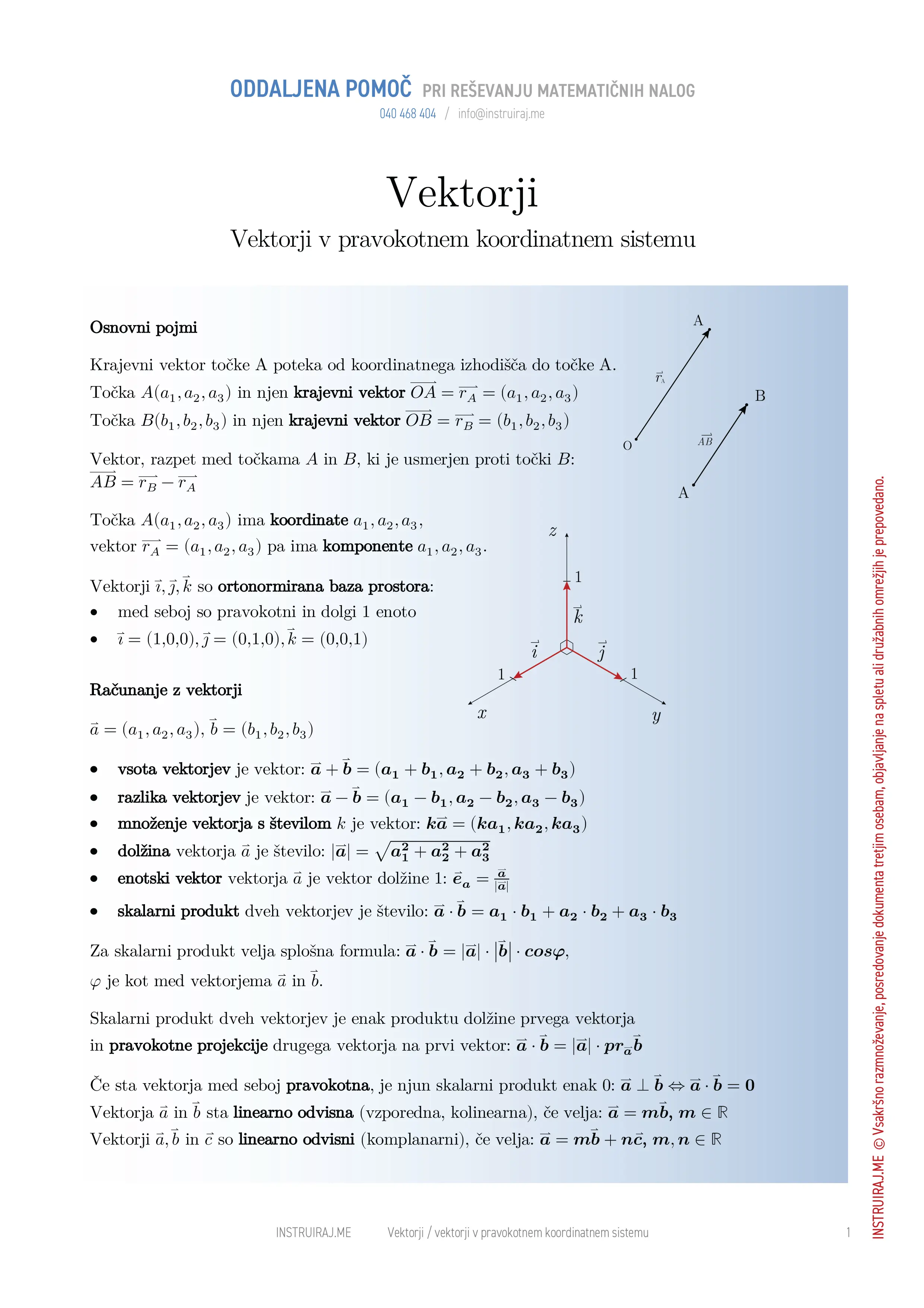 Vektorji: Vektorji v pravokotnem koordinatnem sistemu