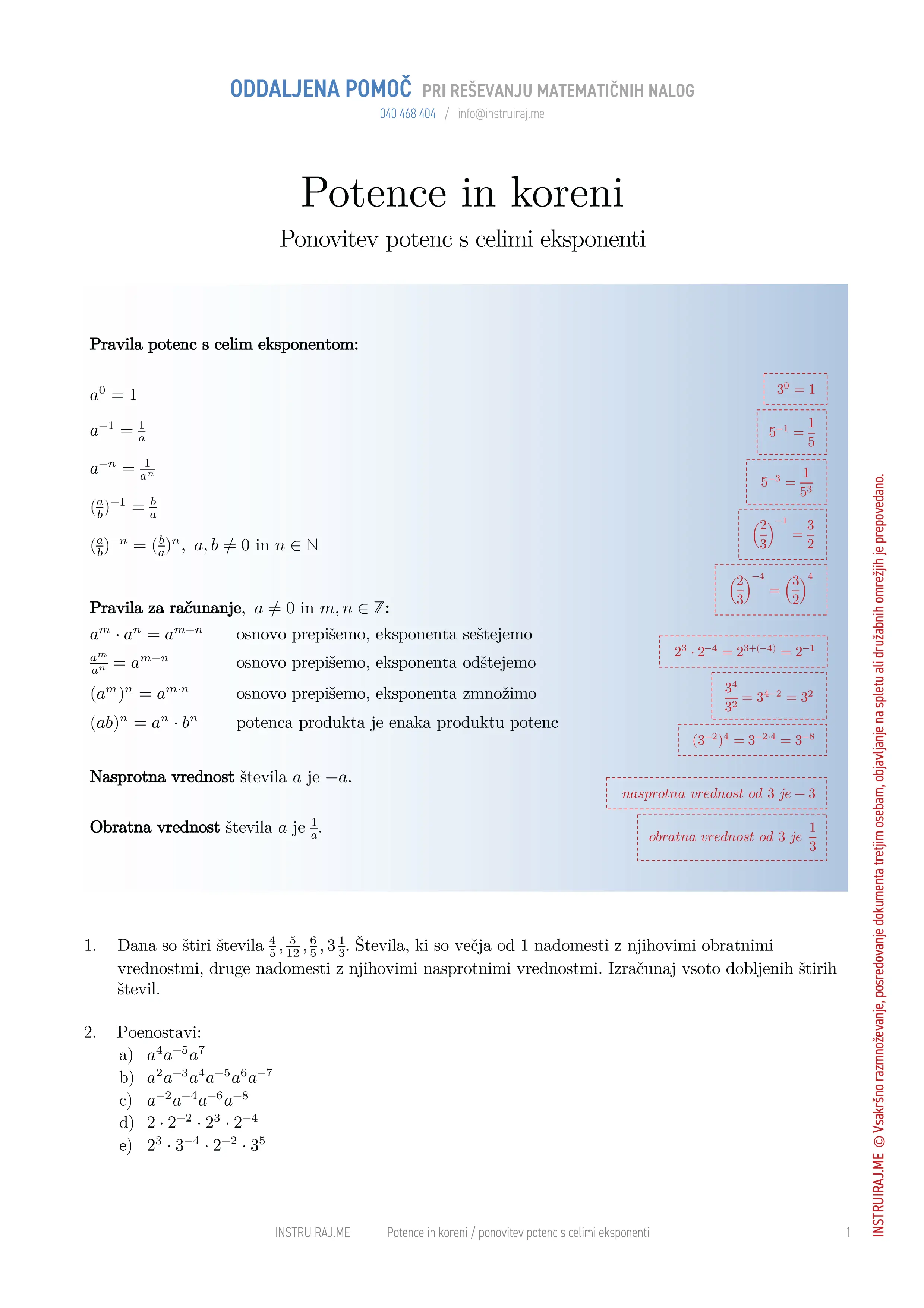 Potence in koreni: Ponovitev potenc s celimi eksponenti