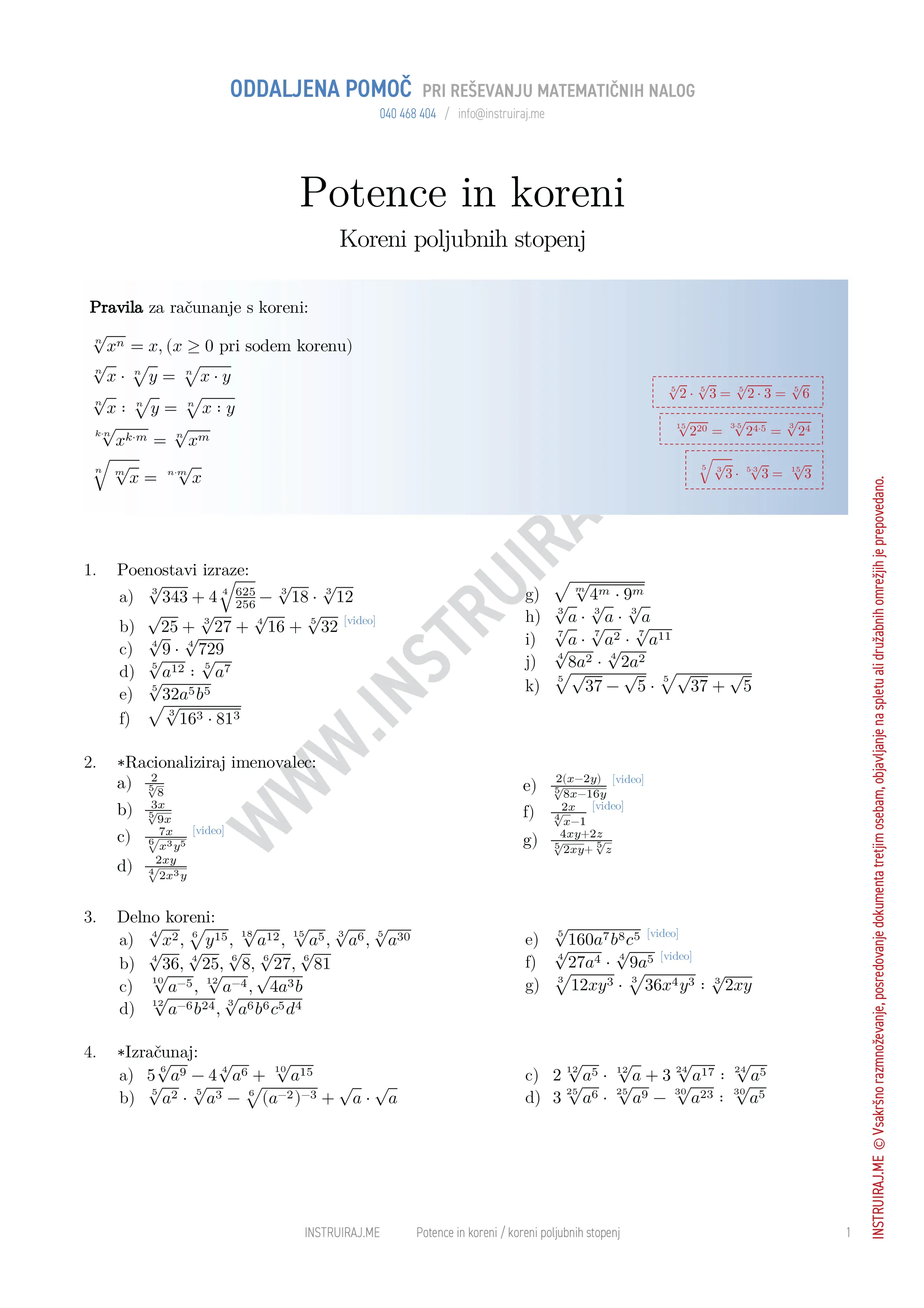 Potence in koreni: Koreni poljubnih stopenj