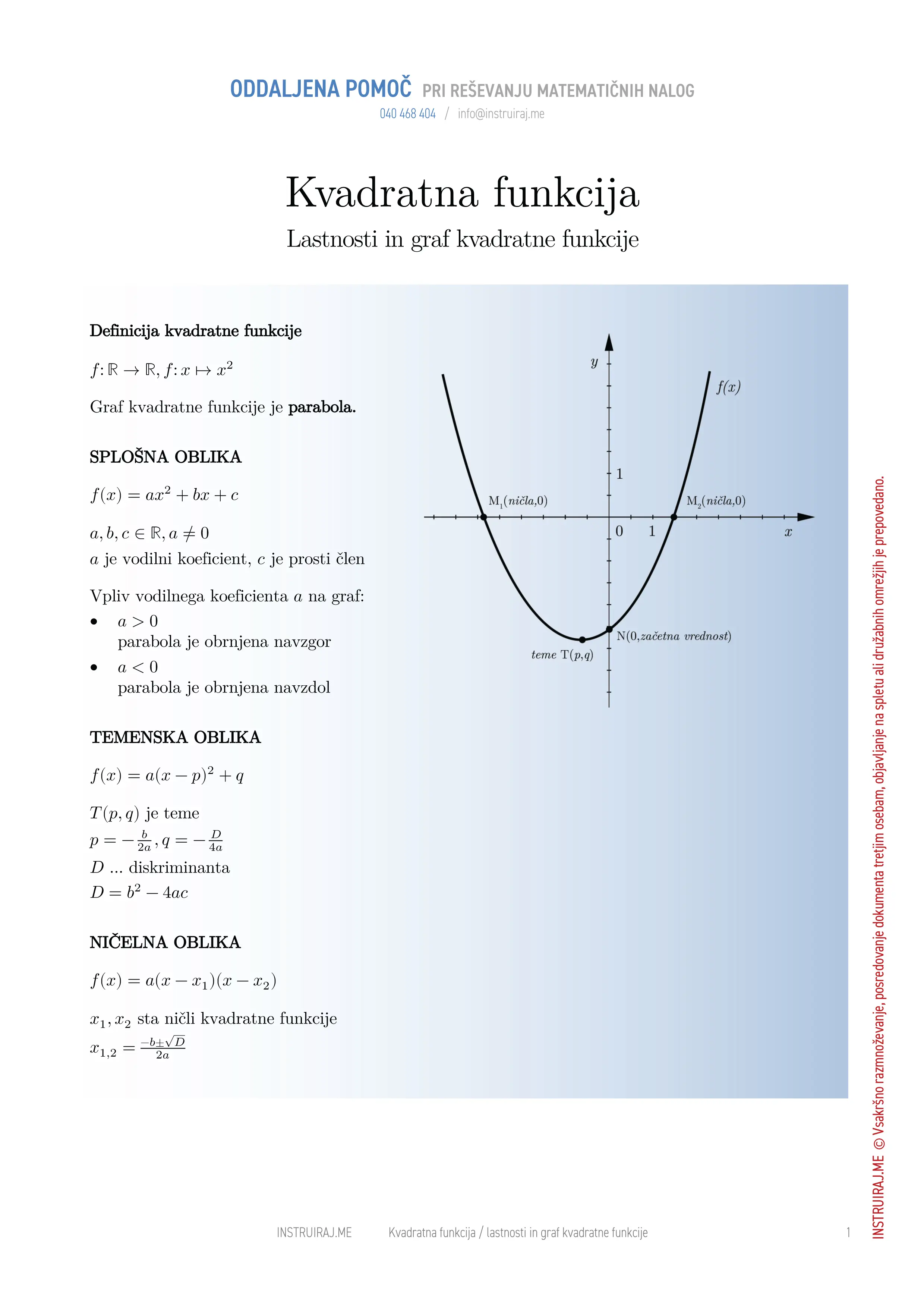 Kvadratna funkcija: Lastnosti in graf kvadratne funkcije