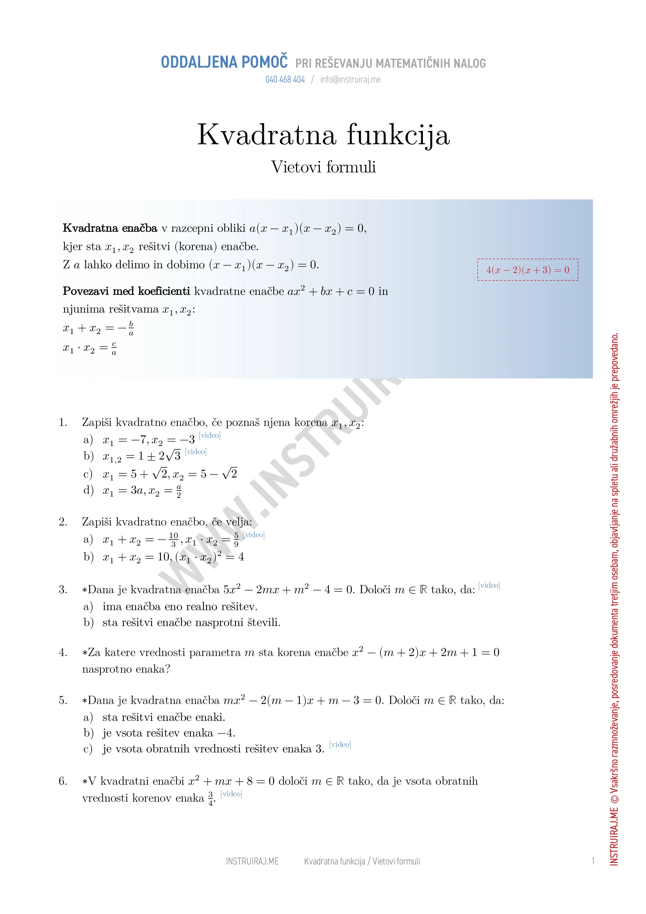 Kvadratna funkcija: Vietovi formuli