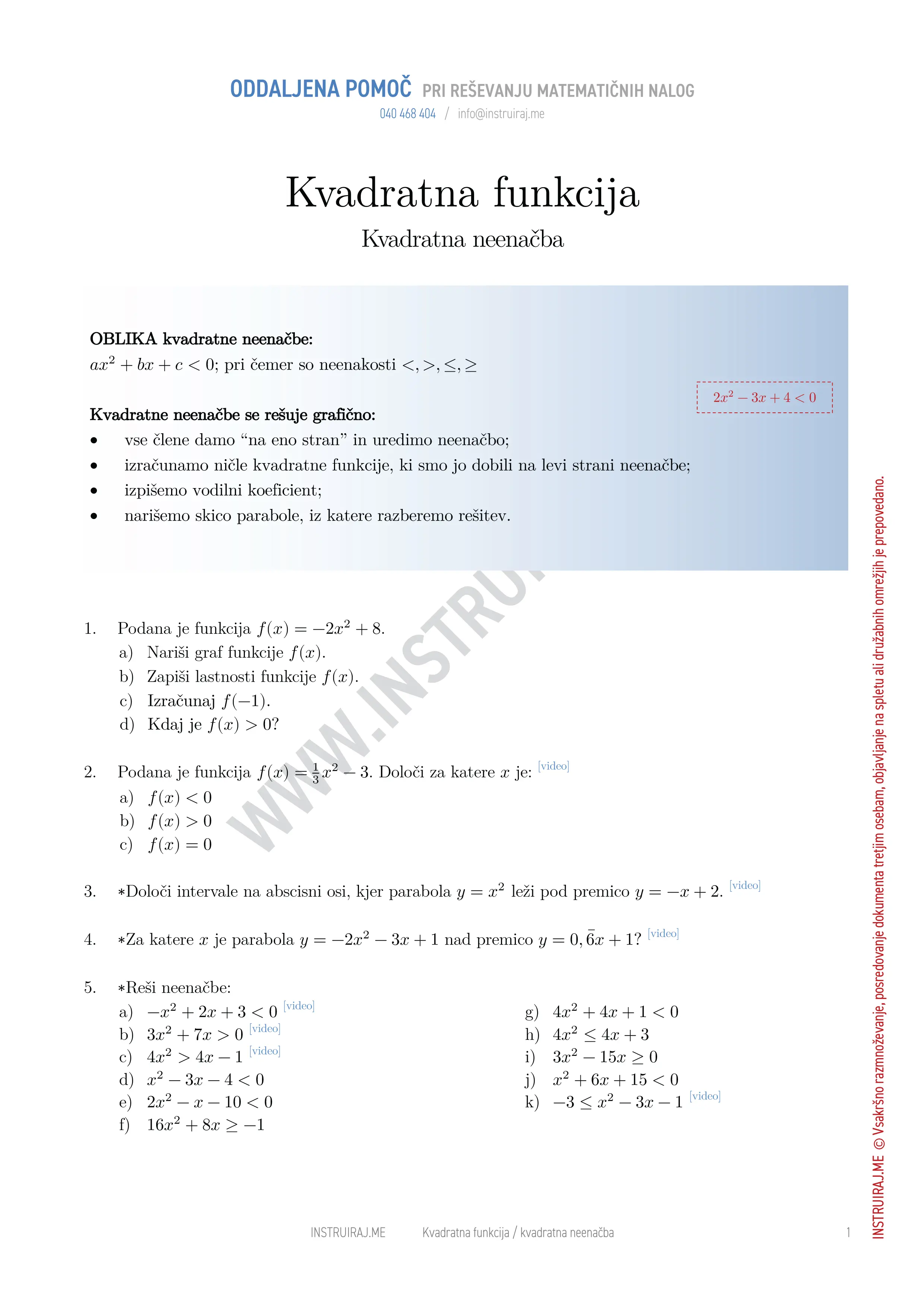 Kvadratna funkcija: Kvadratna neenačba
