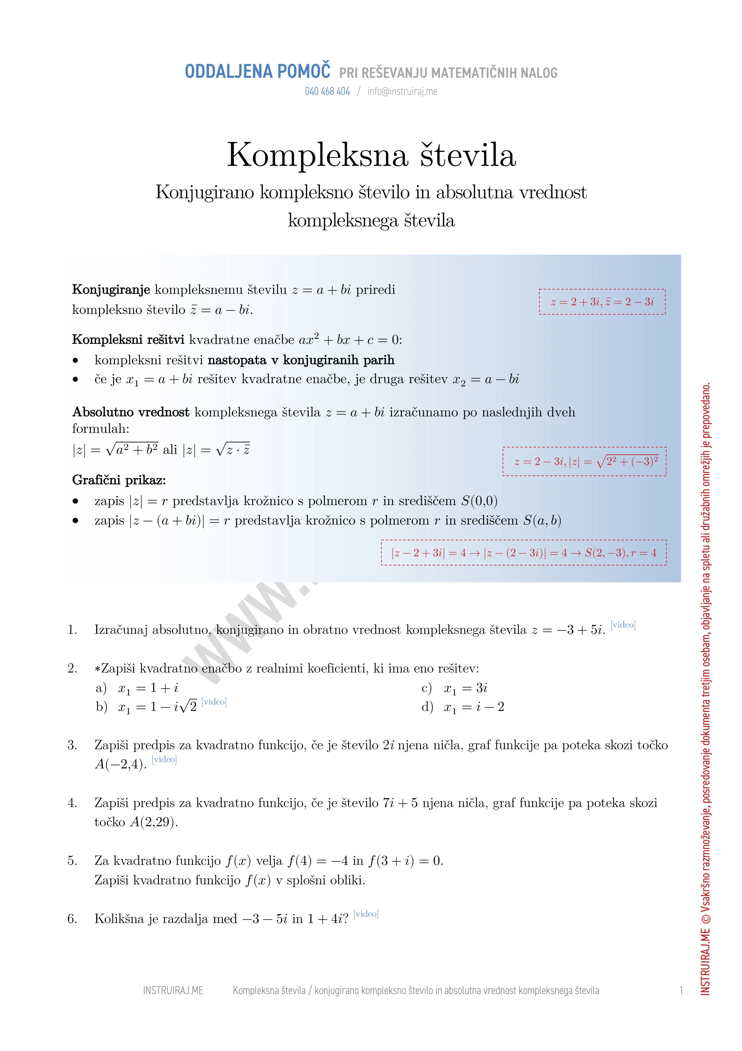 Kompleksna števila: Konjugirano kompleksno število in absolutna vrednost kompleksnega števila