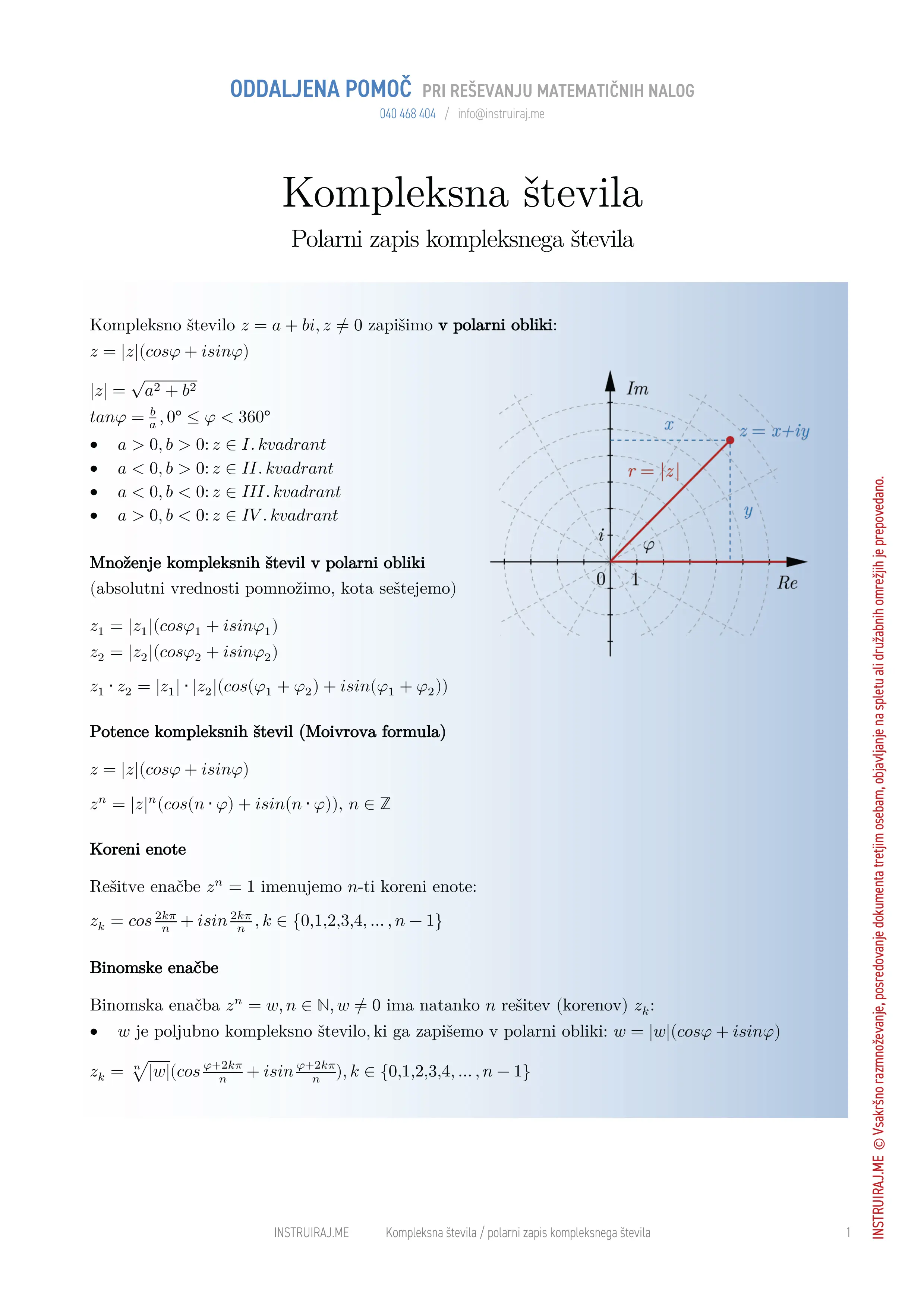 Kompleksna števila: Polarni zapis kompleksnega števila