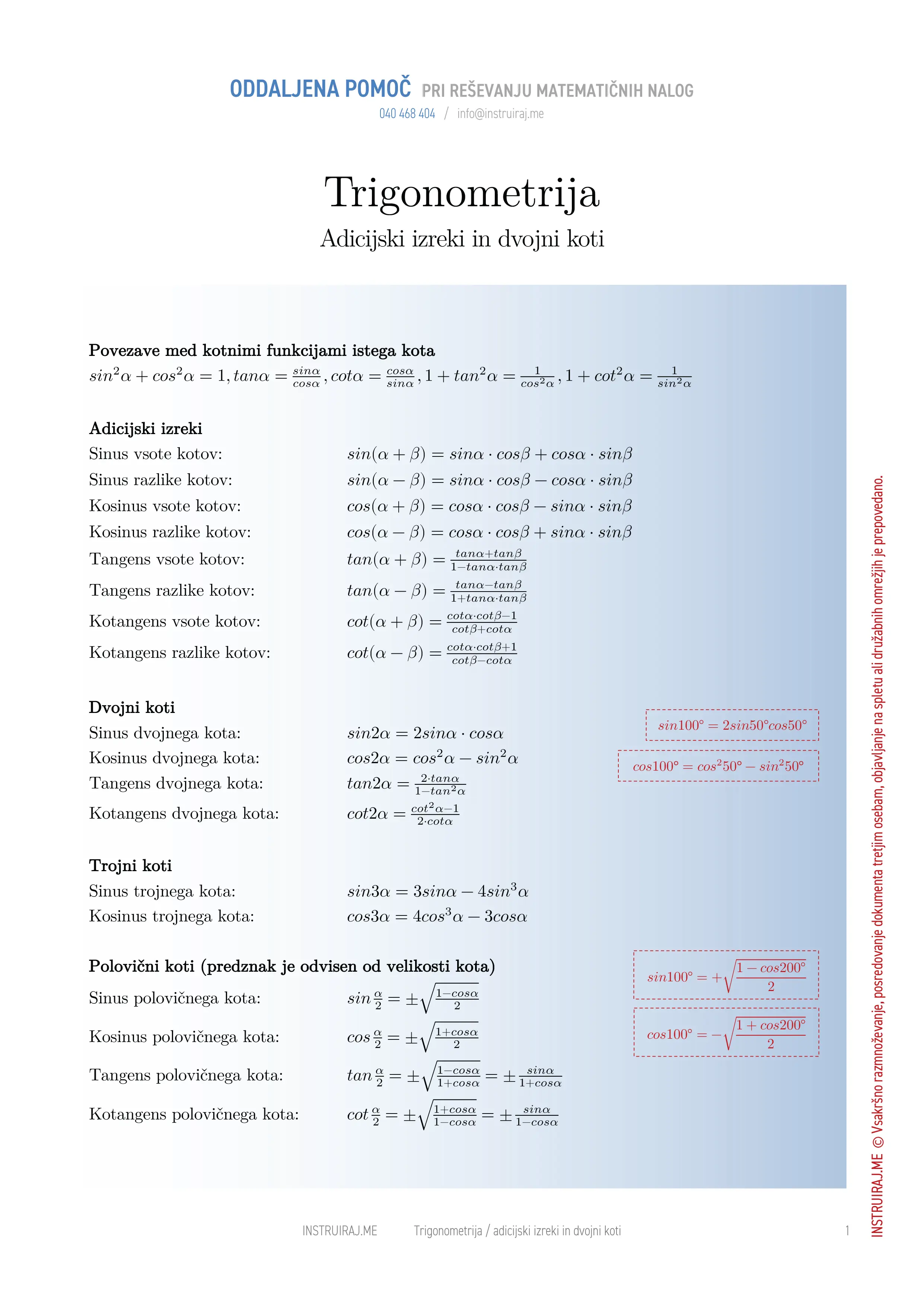 Trigonometrija: Adicijski izreki in dvojni koti