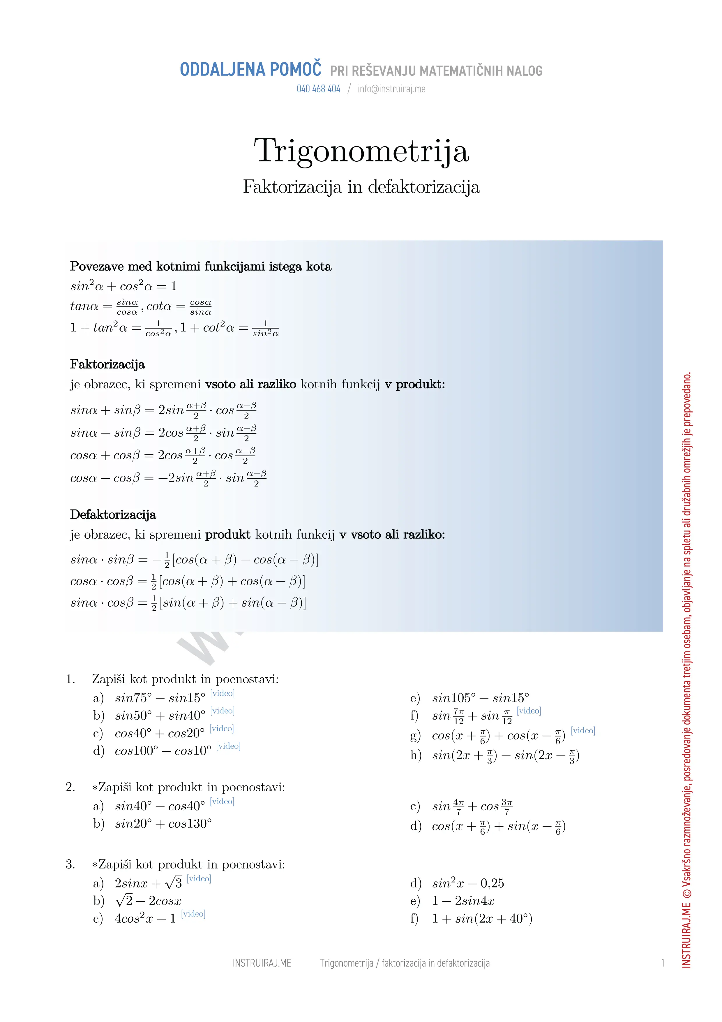 Trigonometrija: Faktorizacija in defaktorizacija