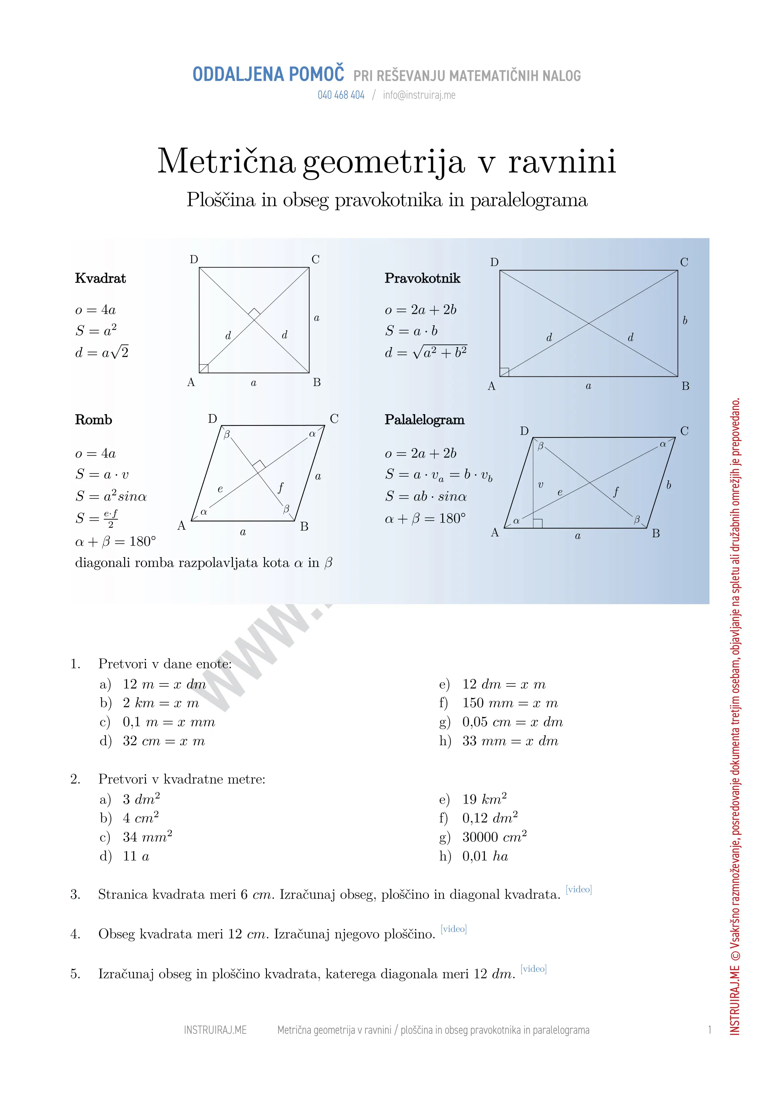 Metrična geometrija v ravnini: Ploščina in obseg pravokotnika ter paralelograma