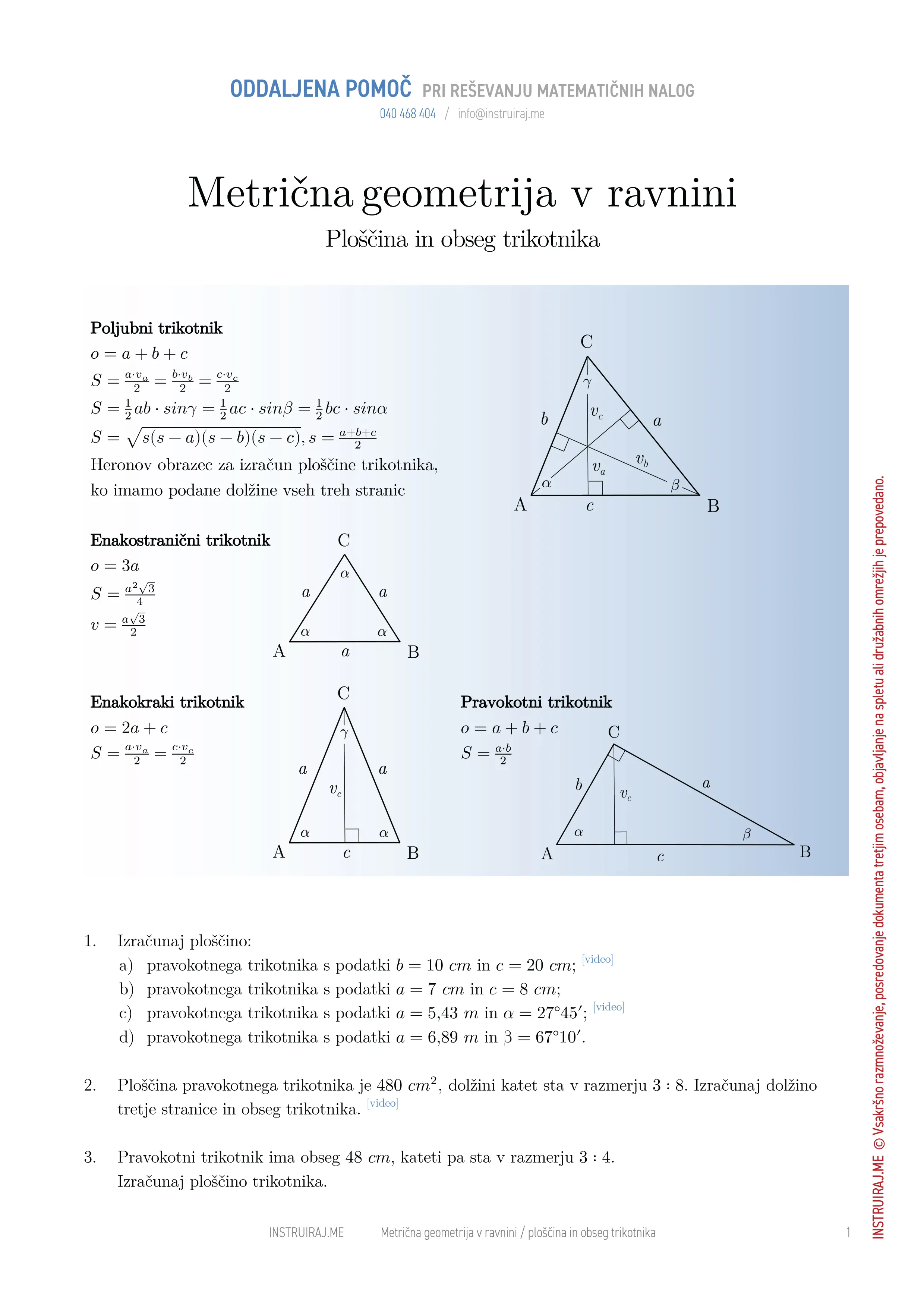 Metrična geometrija v ravnini: Ploščina in obseg trikotnika