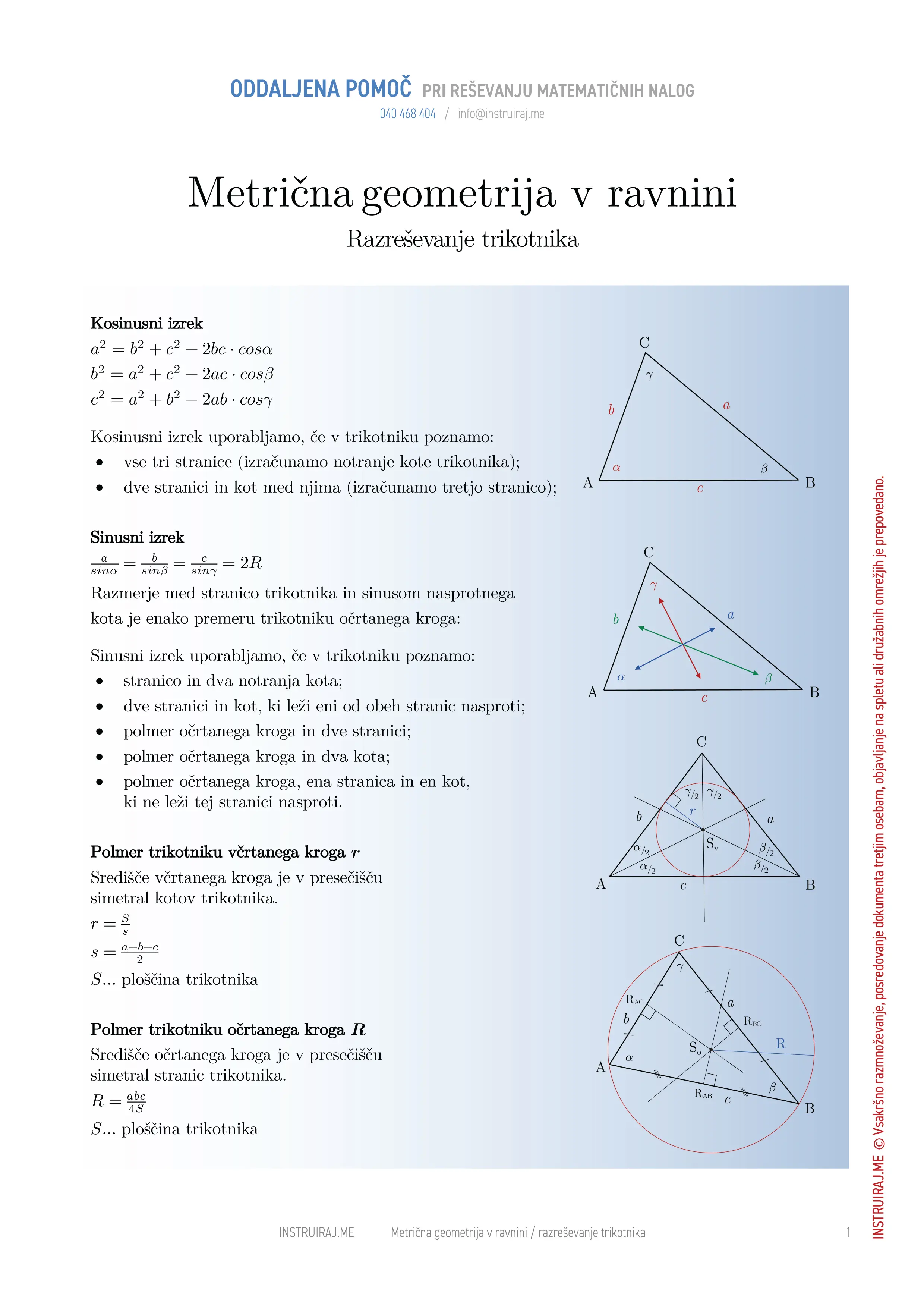 Metrična geometrija v ravnini: Razreševanje trikotnika