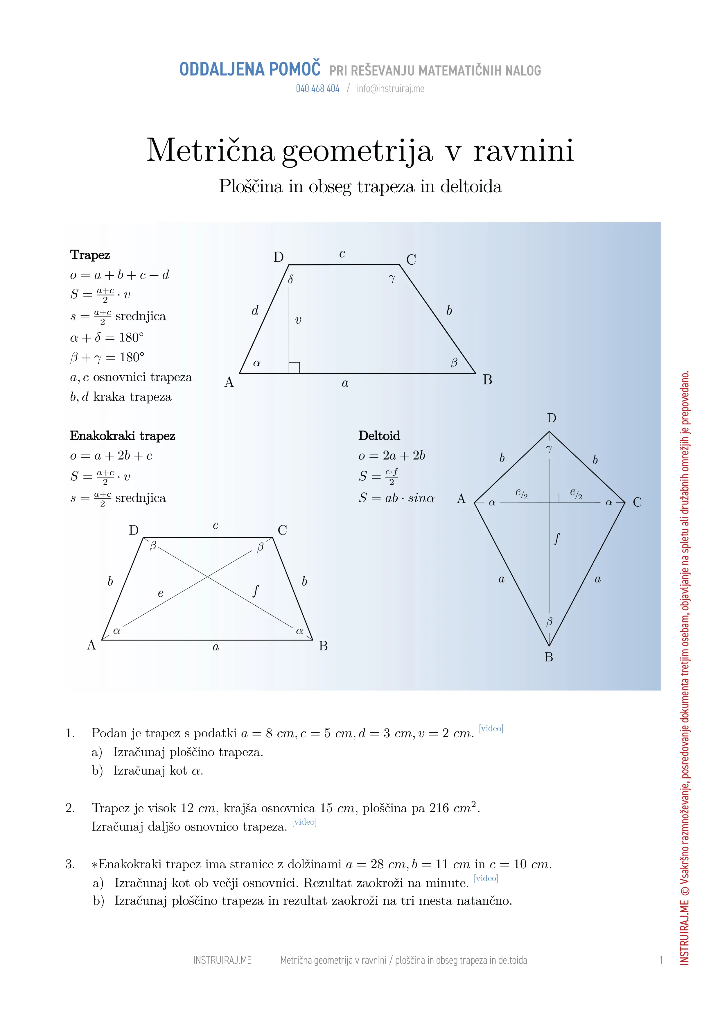 Metrična geometrija v ravnini: Ploščina in obseg trapeza in deltoida