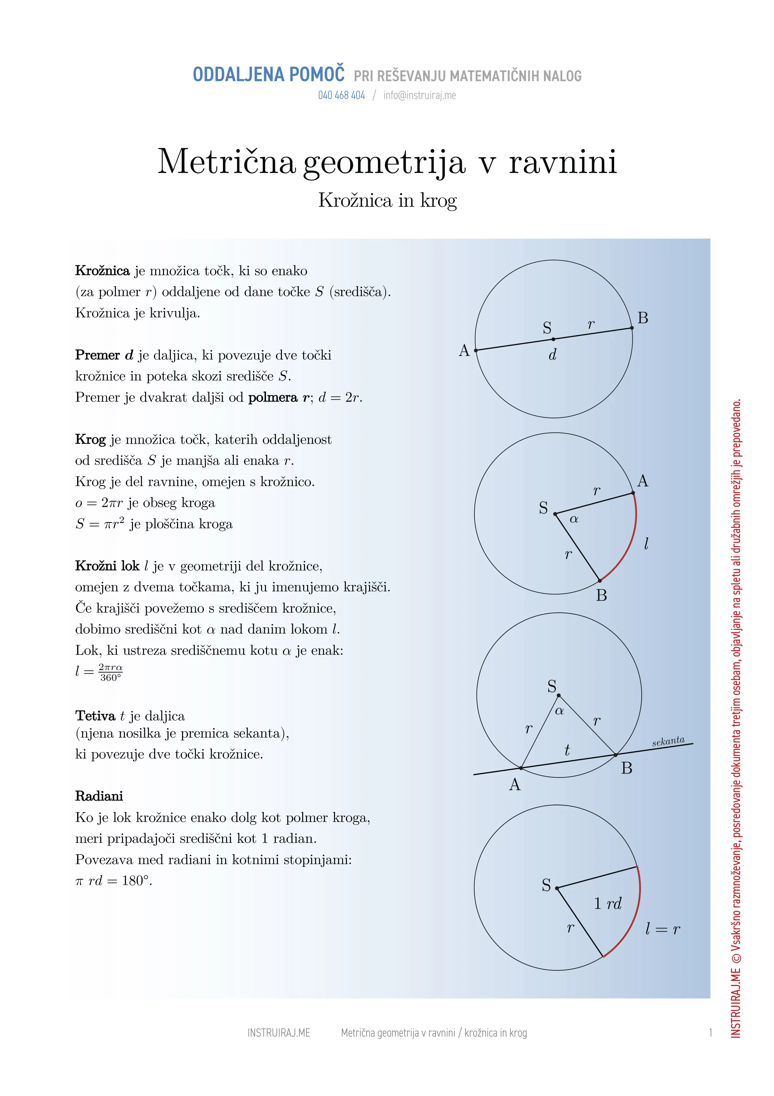 Metrična geometrija v ravnini: Krožnica in krog