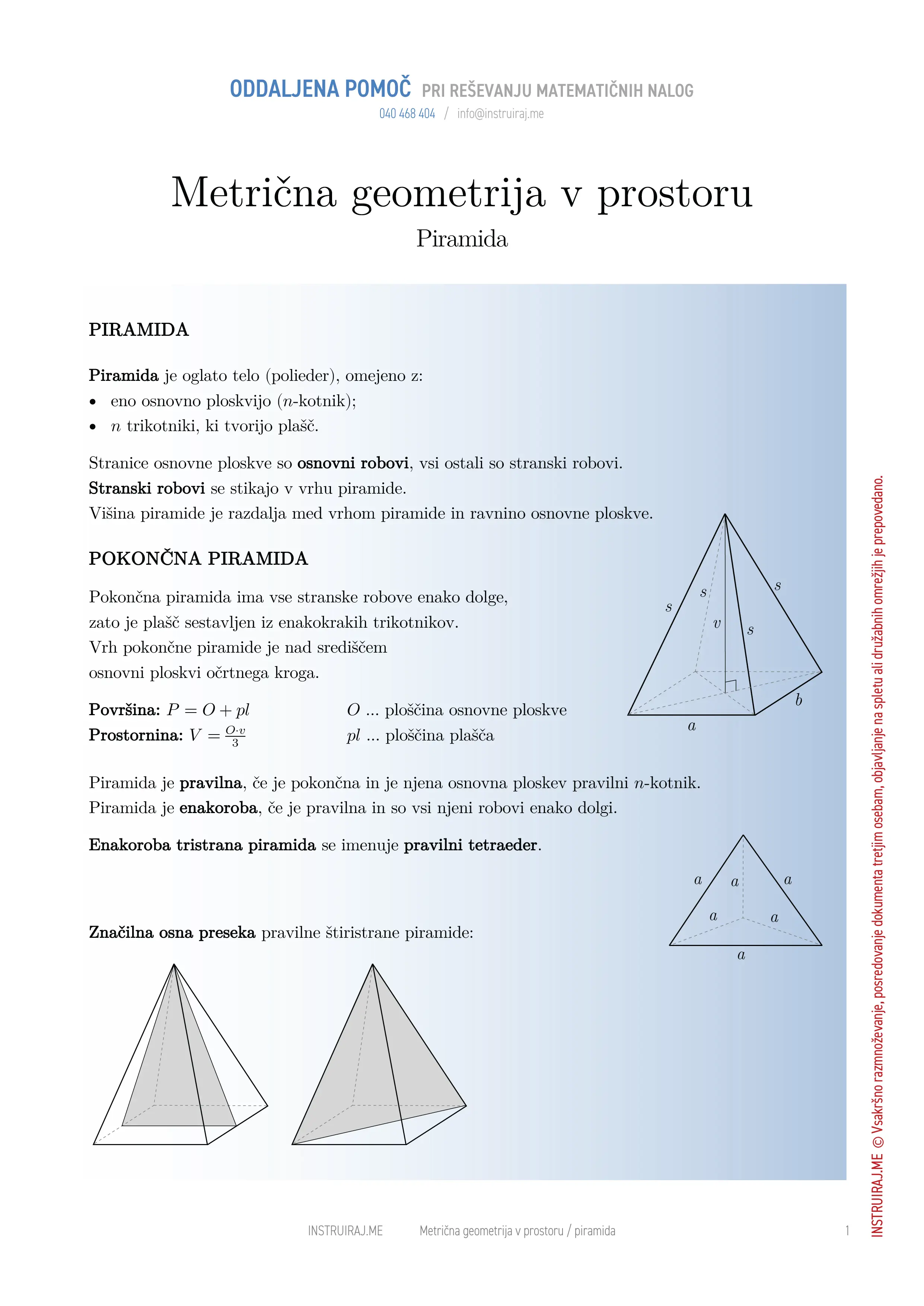 Metrična geometrija v prostoru: Piramida
