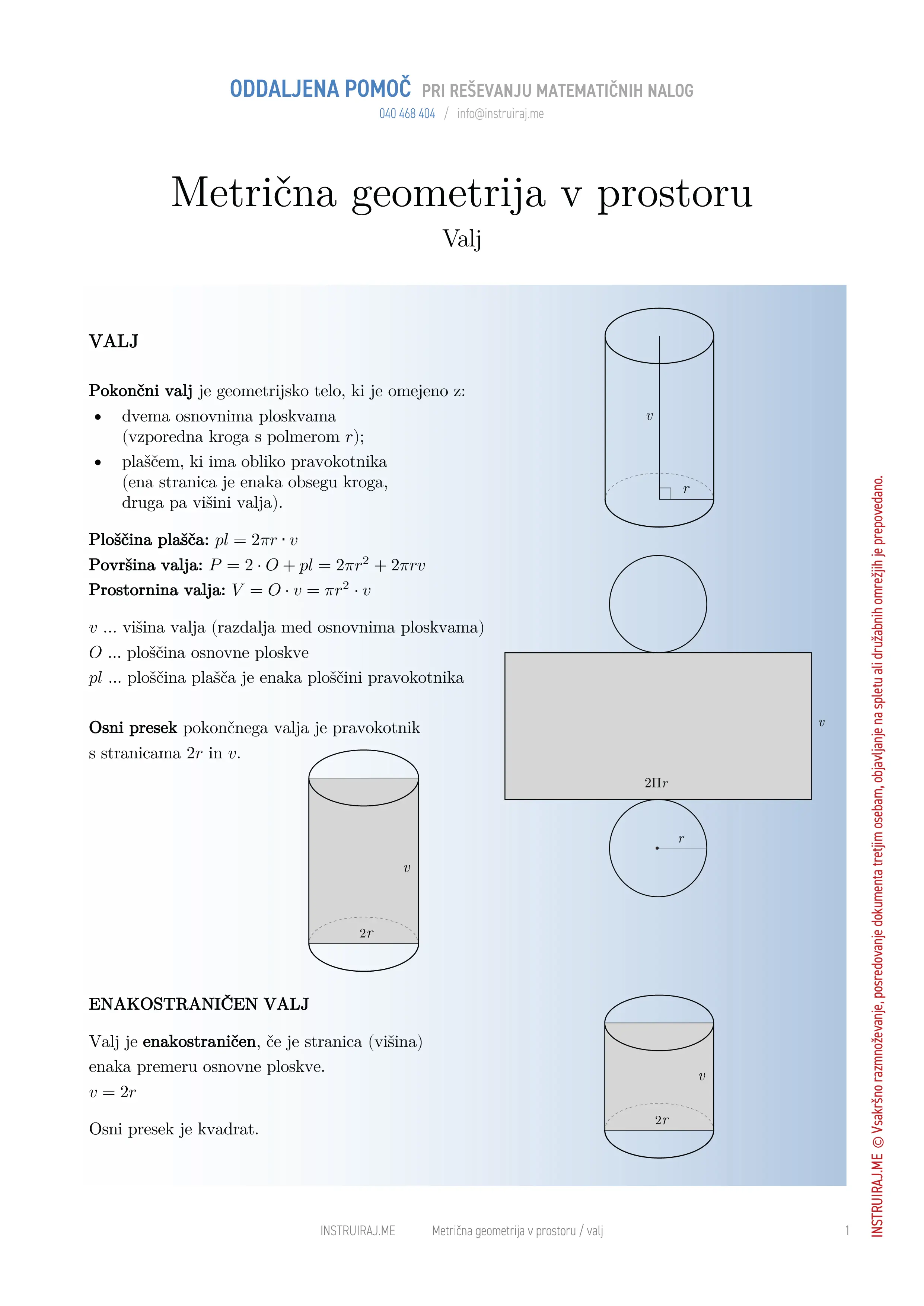 Metrična geometrija v prostoru: Valj