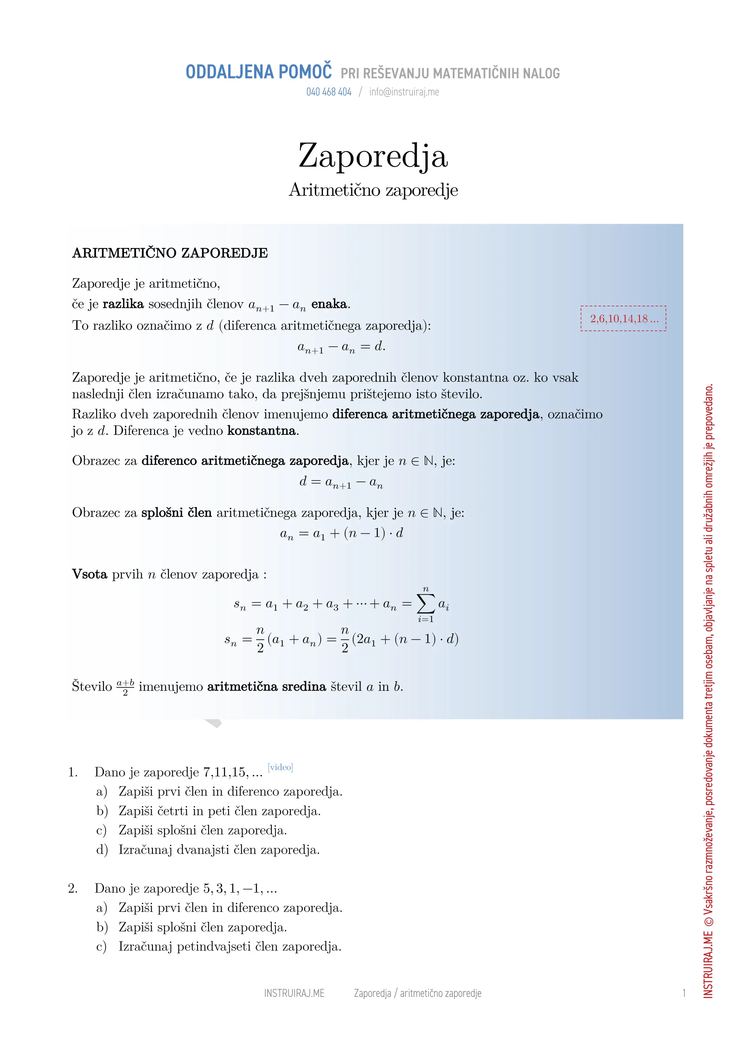 Zaporedja: Aritmetično zaporedje