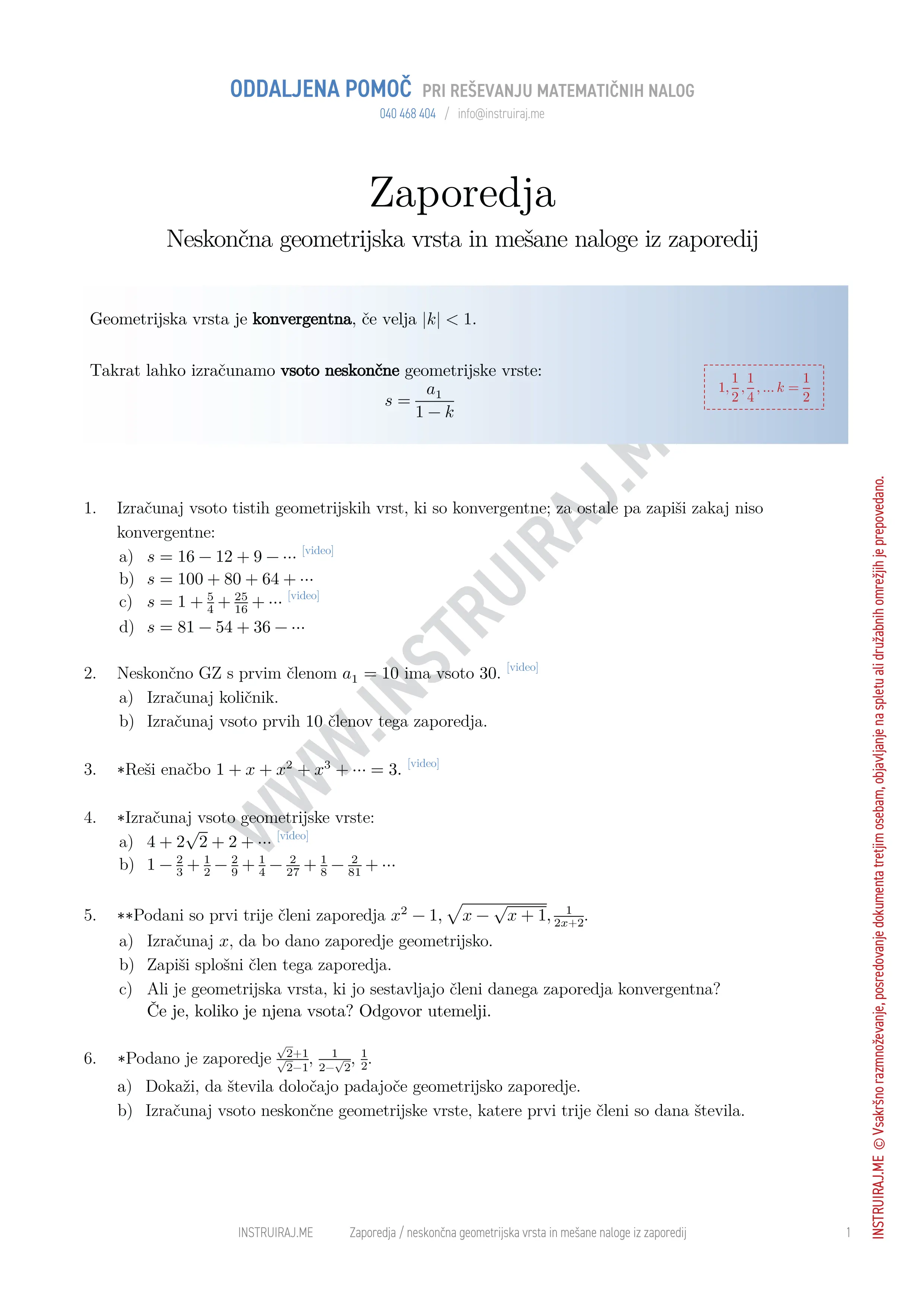 Zaporedja: Neskončna geometrijska vrsta in mešane naloge iz zaporedij