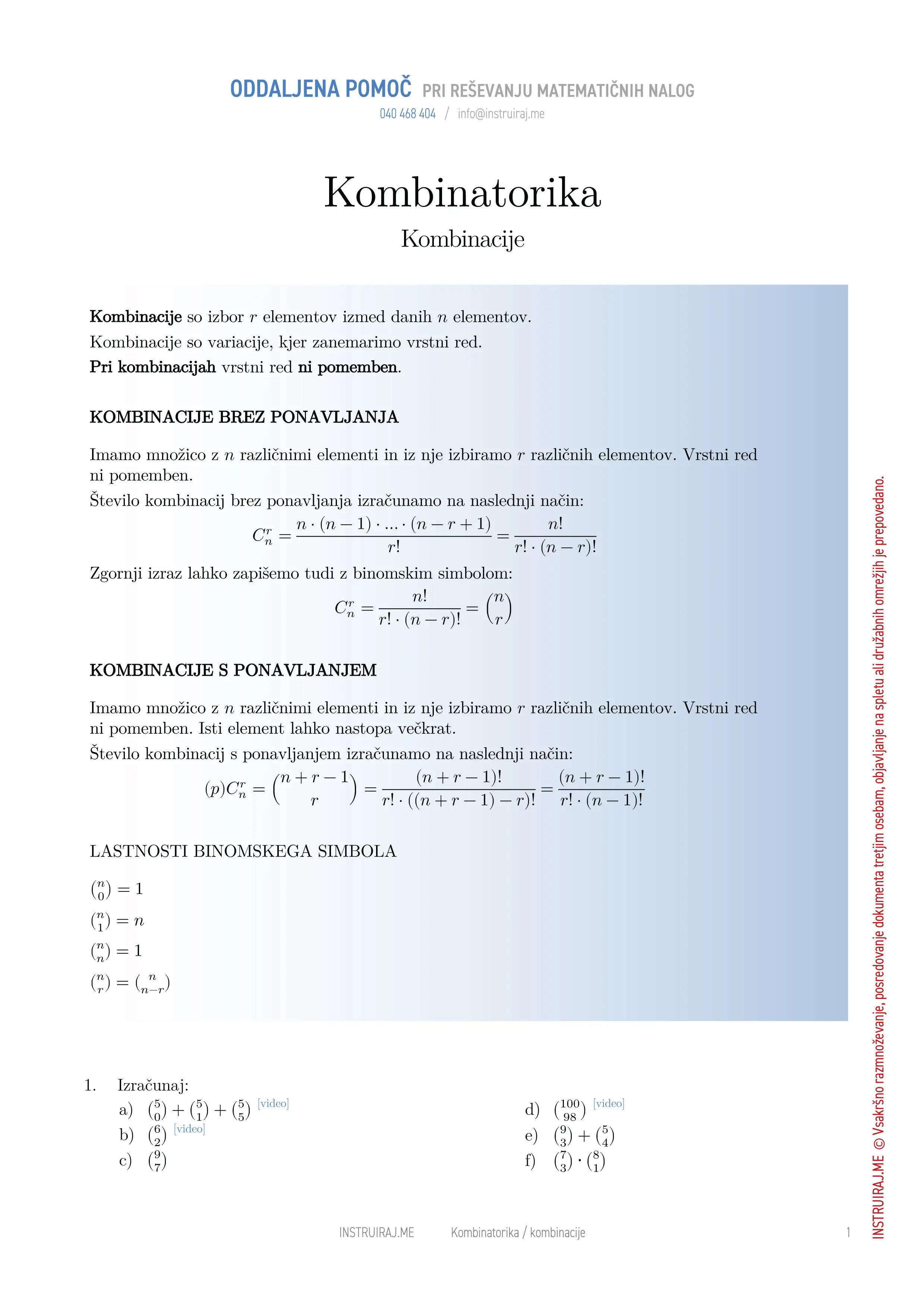 Kombinatorika: Kombinacije