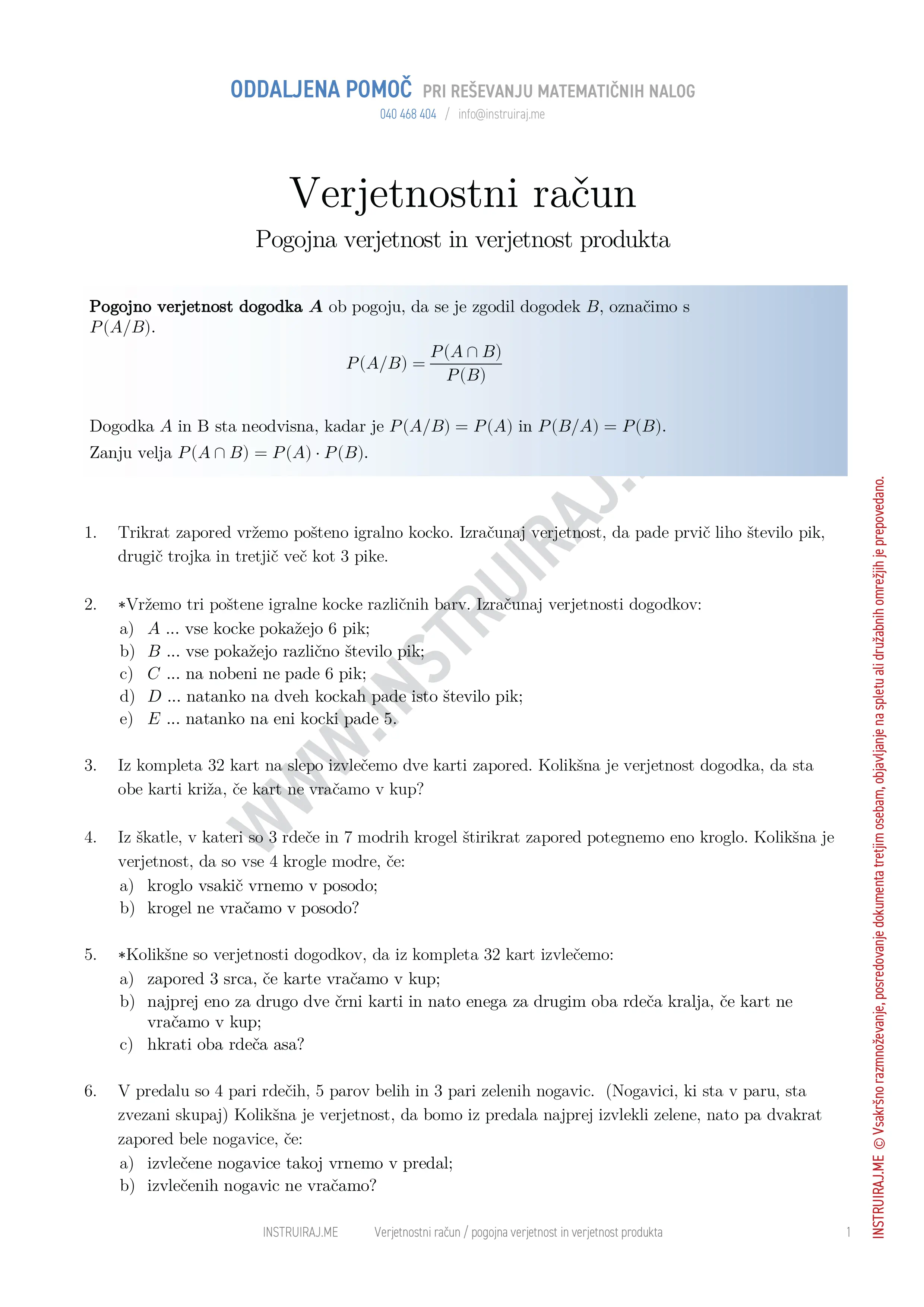 Verjetnostni račun: Pogojna verjetnost in verjetnost produkta