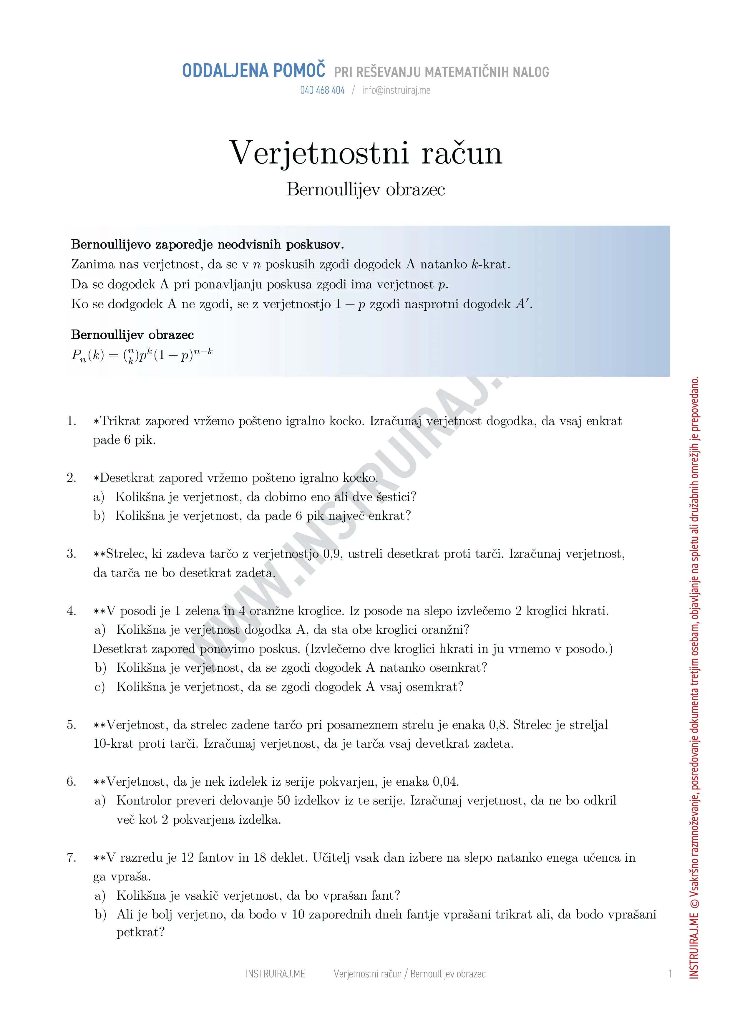 Verjetnostni račun: Zaporedje neodvisnih poskusov (Bernoullijev obrazec)