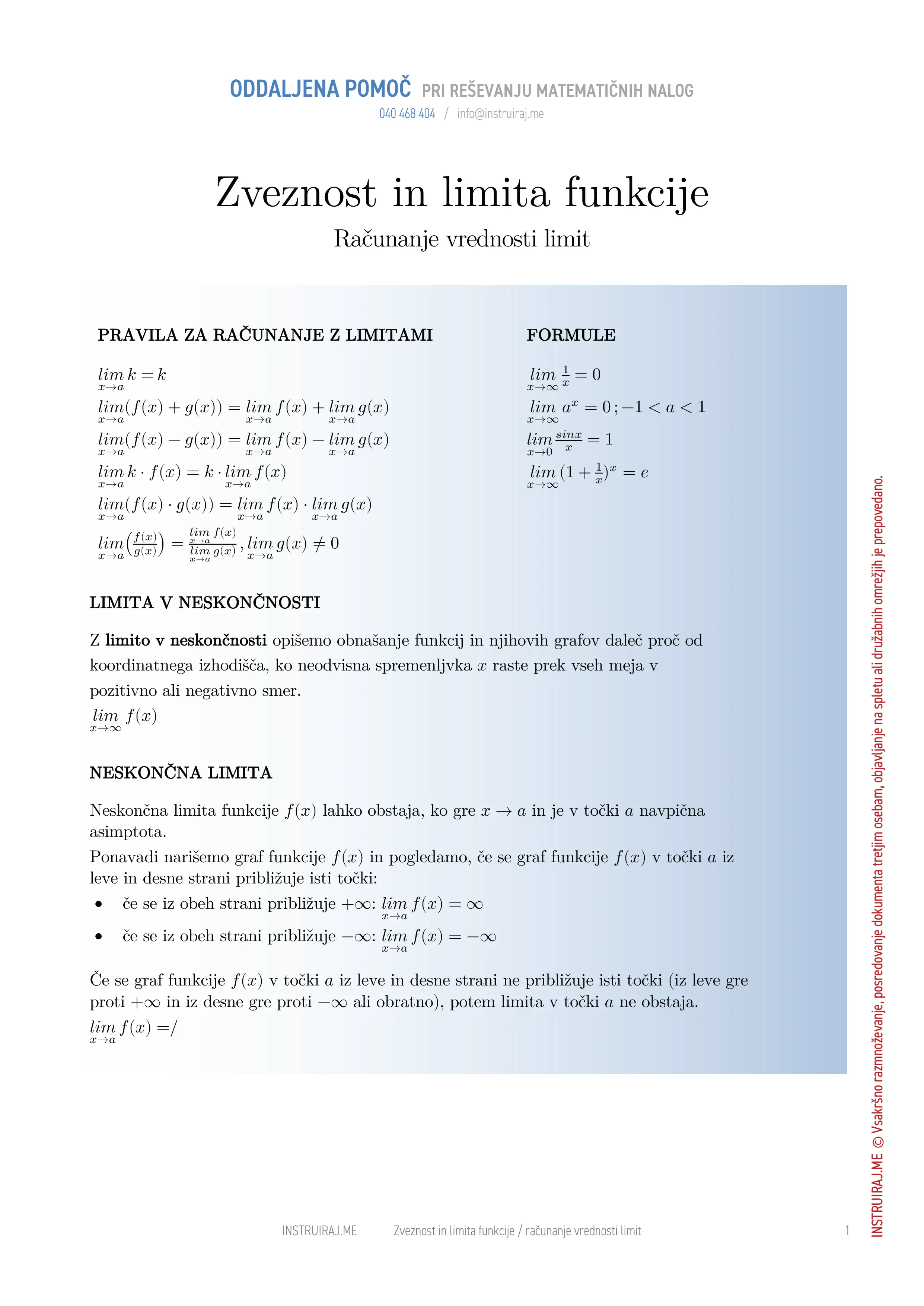 Zveznost in limita funkcije: Računanje vrednosti limit