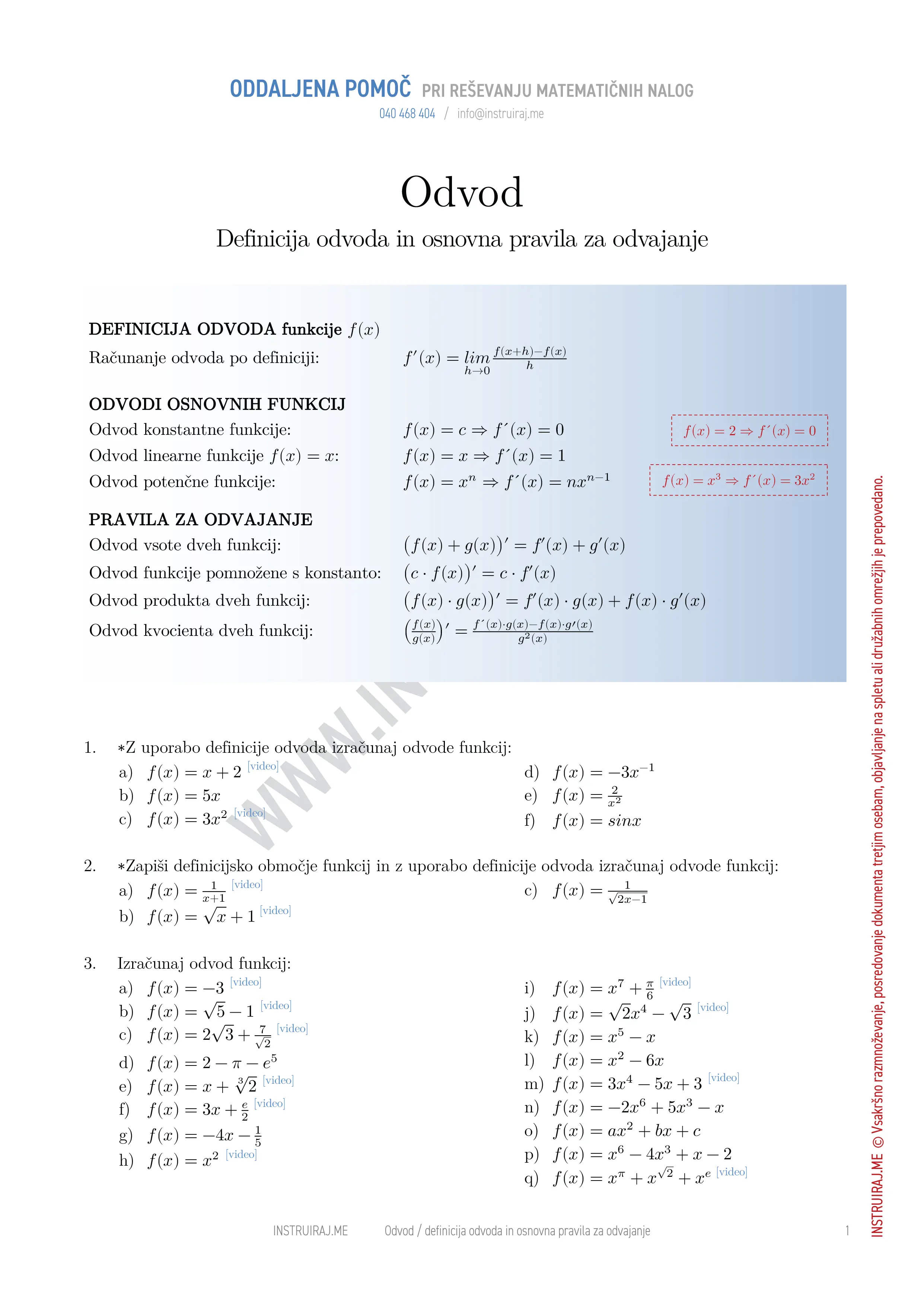Odvod: Definicija odvoda in osnovna pravila za odvajanje