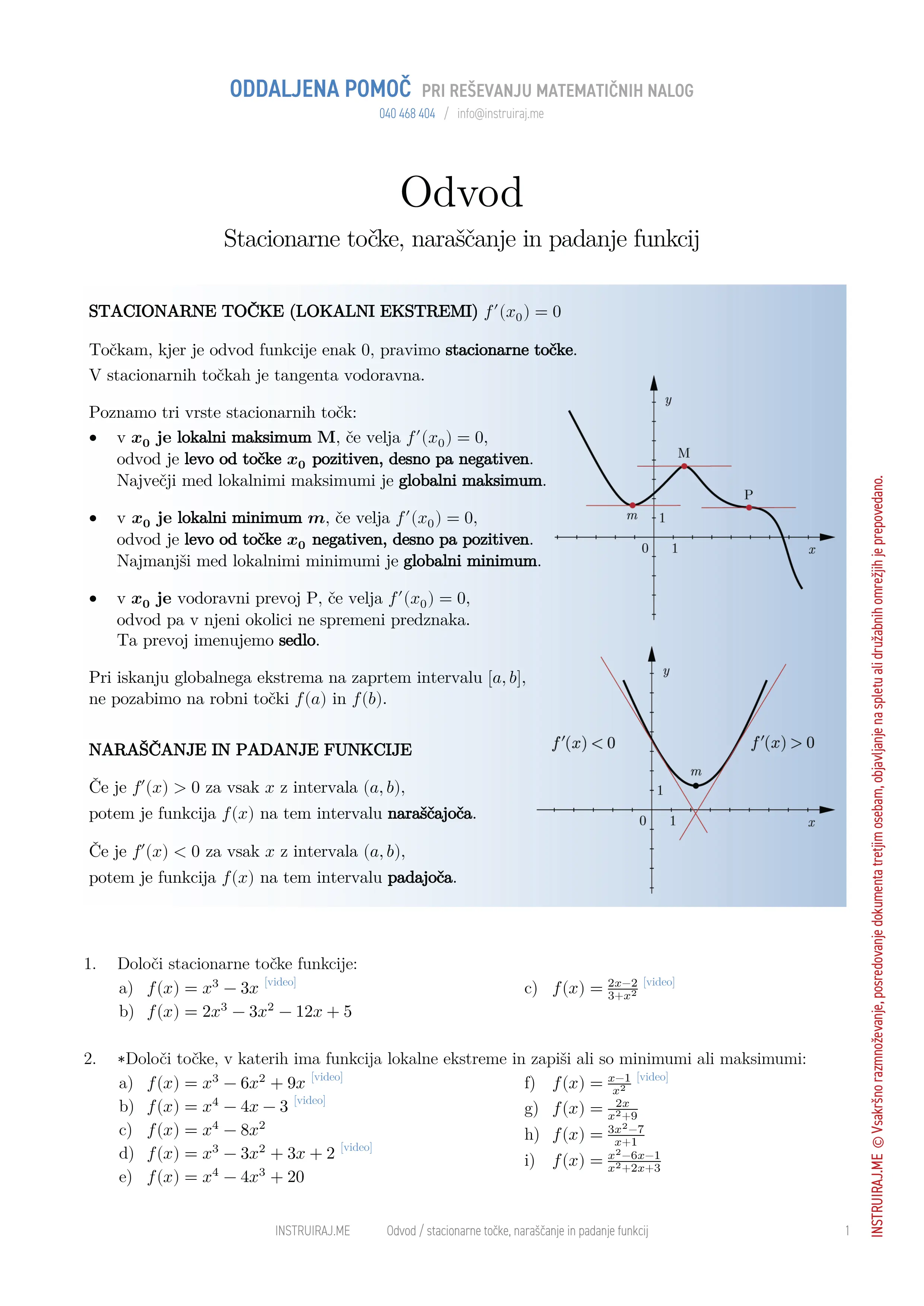 Odvod: Stacionarne točke, naraščanje in padanje funkcij
