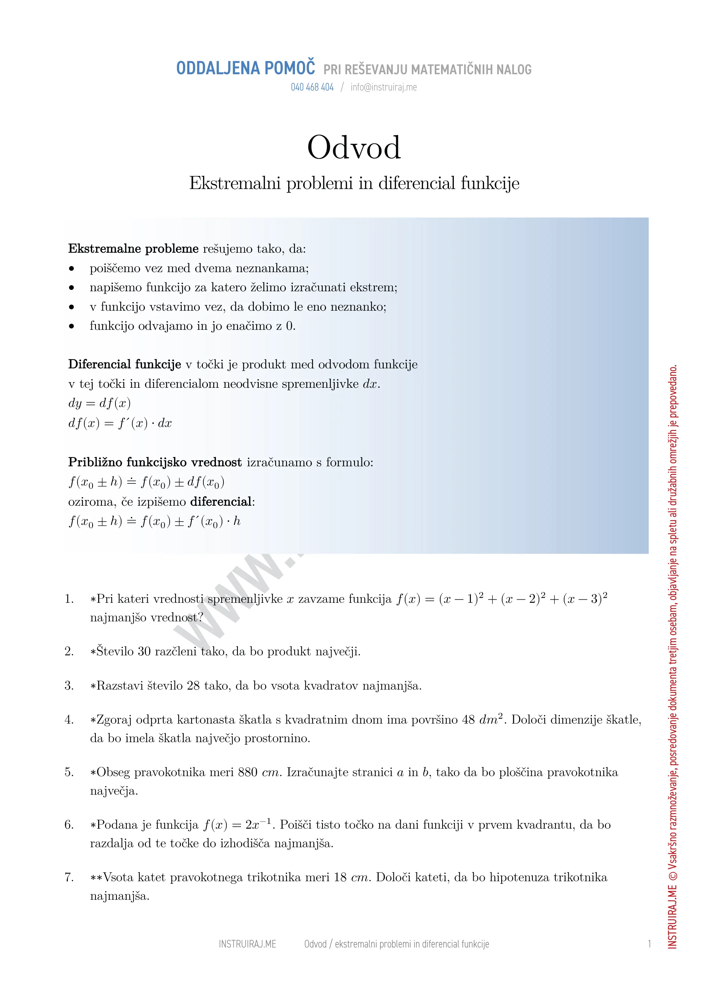 Odvod: Ekstremalni problemi in diferencial funkcije