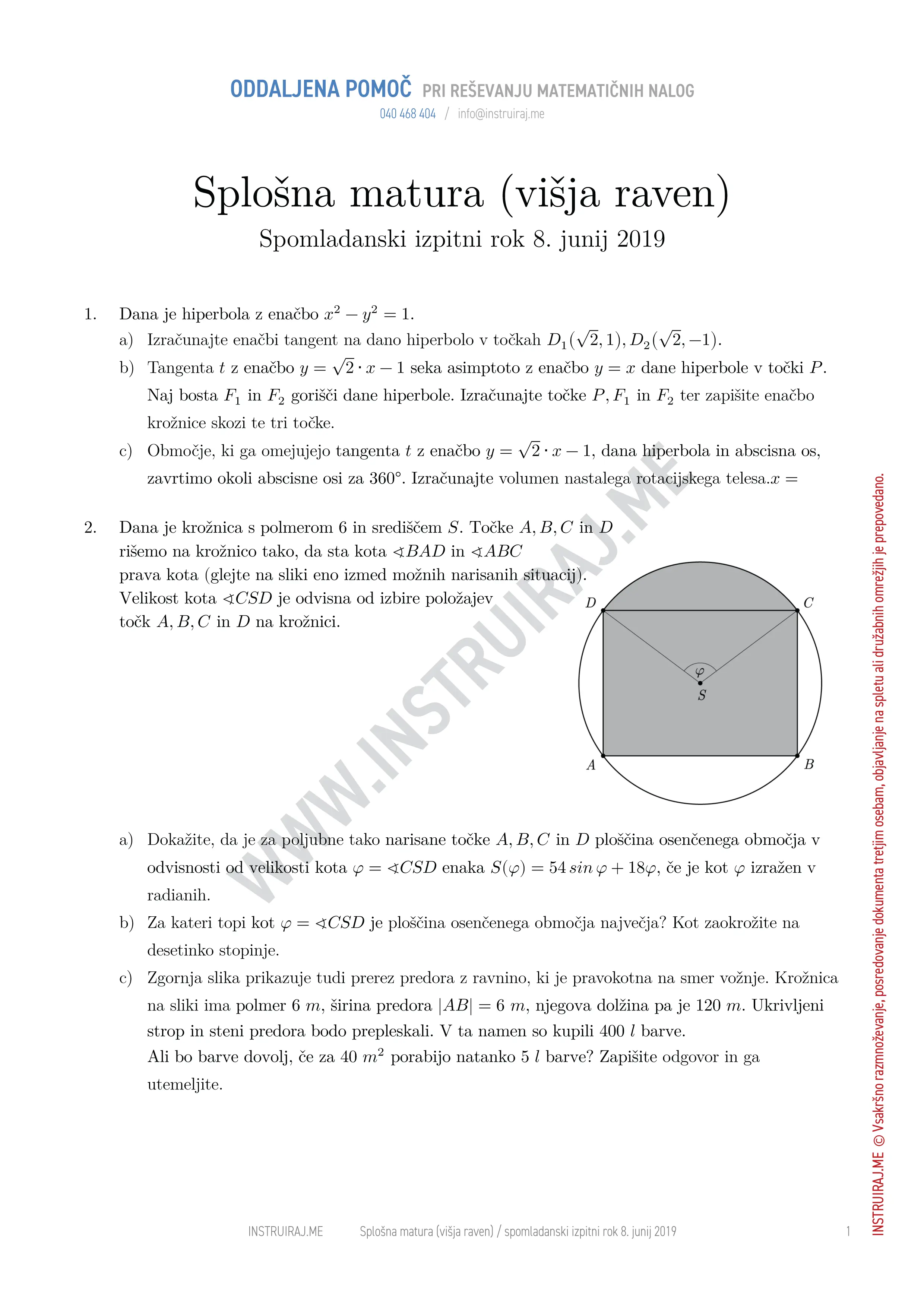 Splošna matura (višja raven): Splošna matura VR, spomladanski izpitni rok 8. junij 2019