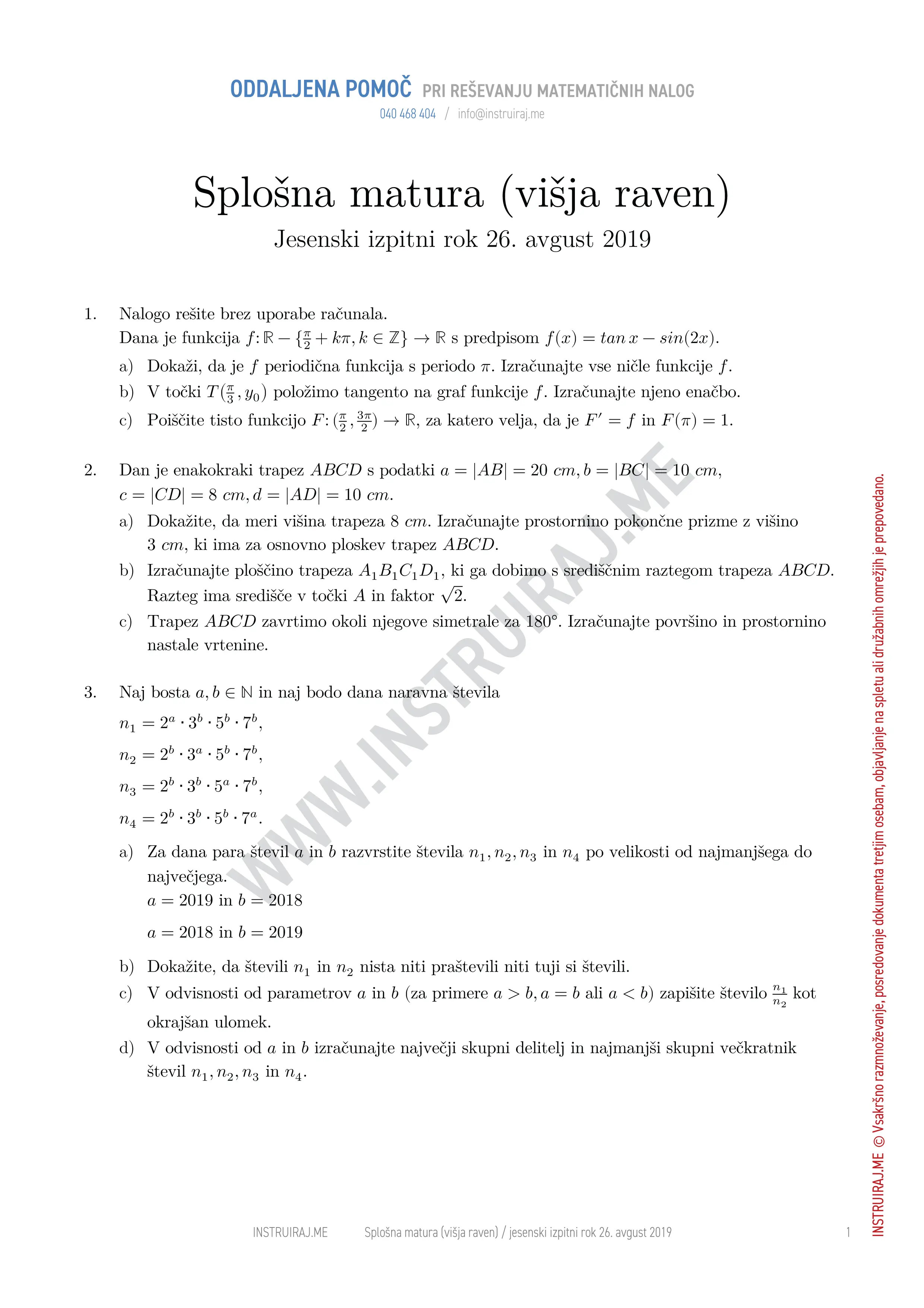 Splošna matura (višja raven): Splošna matura VR, jesenski izpitni rok 26. avgust 2019