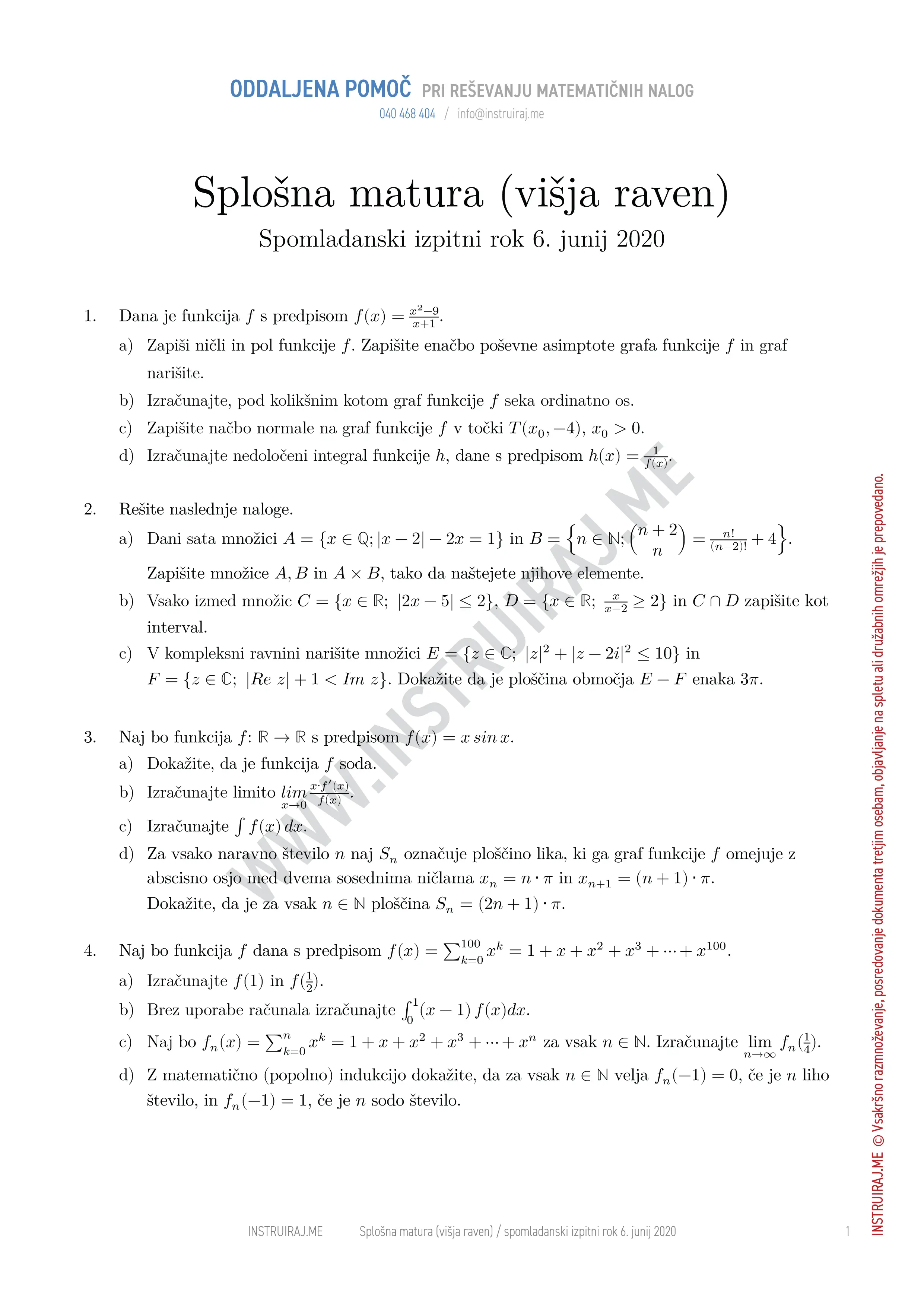 Splošna matura (višja raven): Splošna matura VR, spomladanski izpitni rok 6. junij 2020