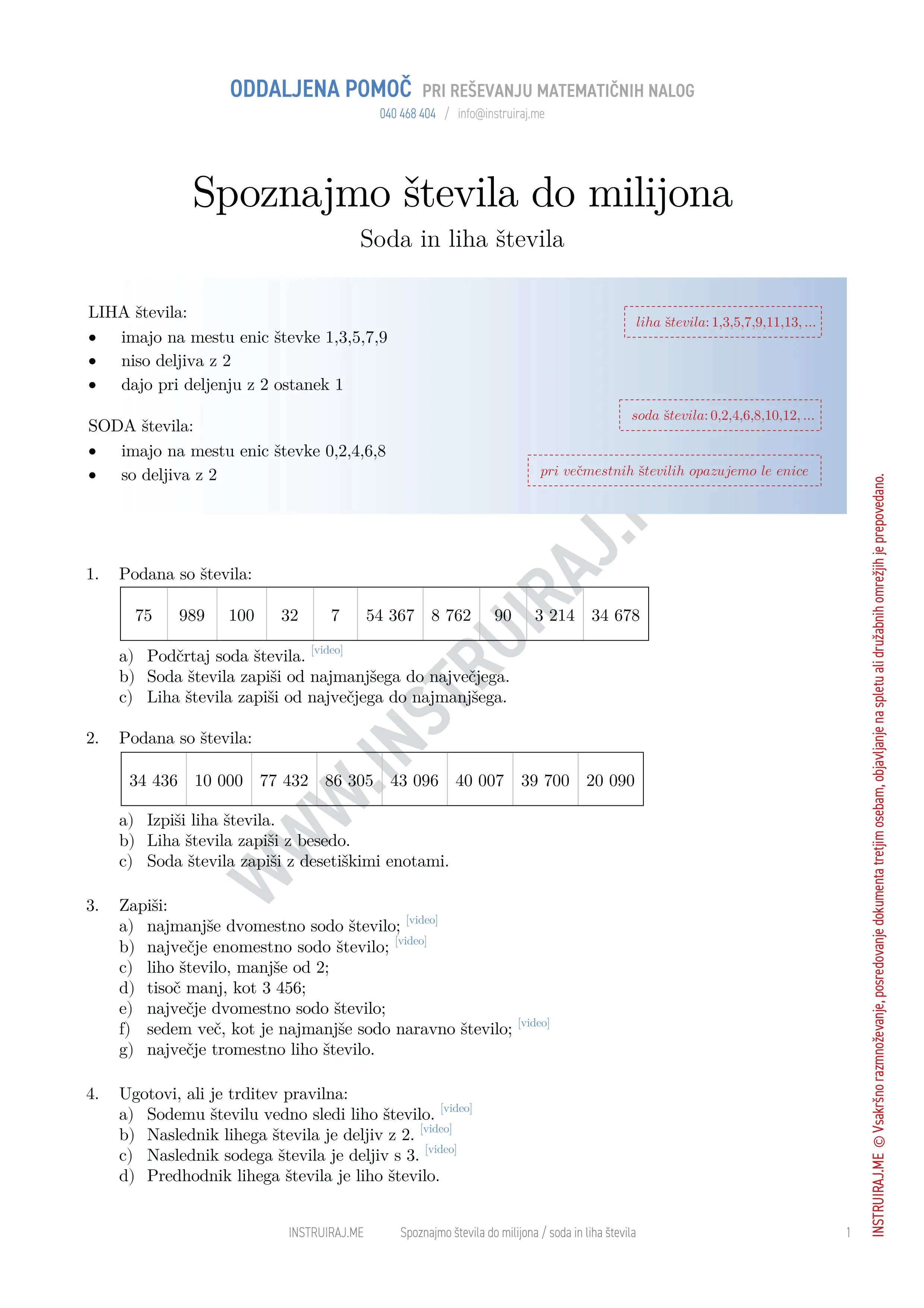 Spoznajmo števila do milijona: Soda in liha števila