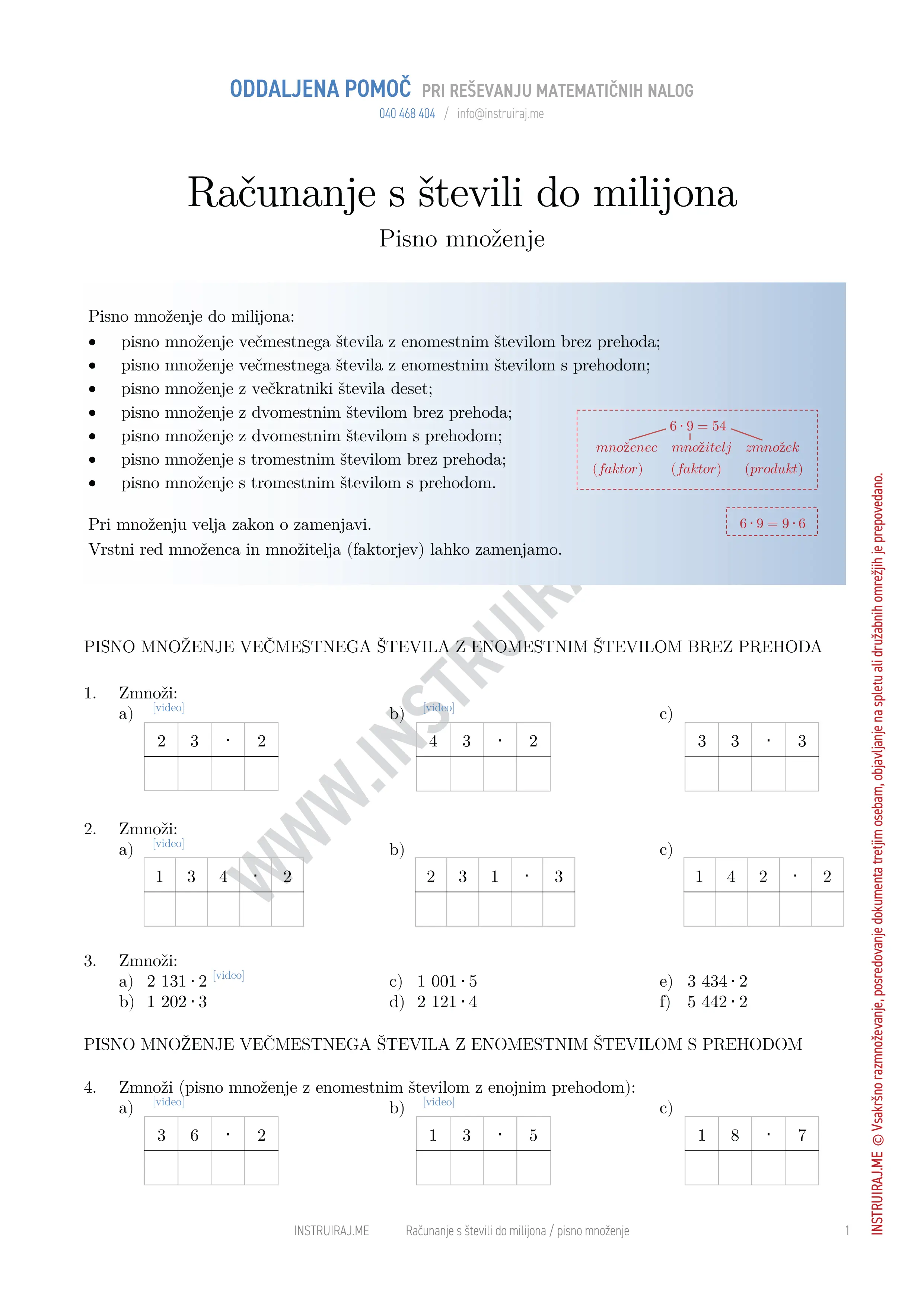 Računanje s števili do milijona: Pisno množenje