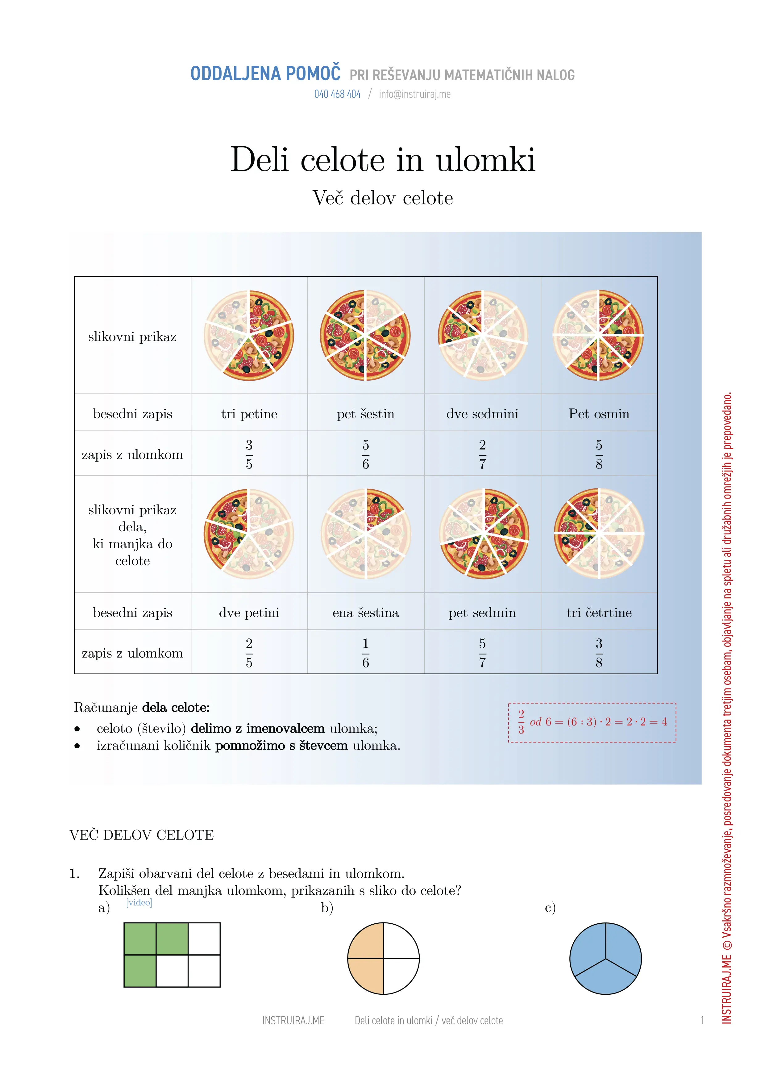 Deli celote in ulomki: Več delov celote