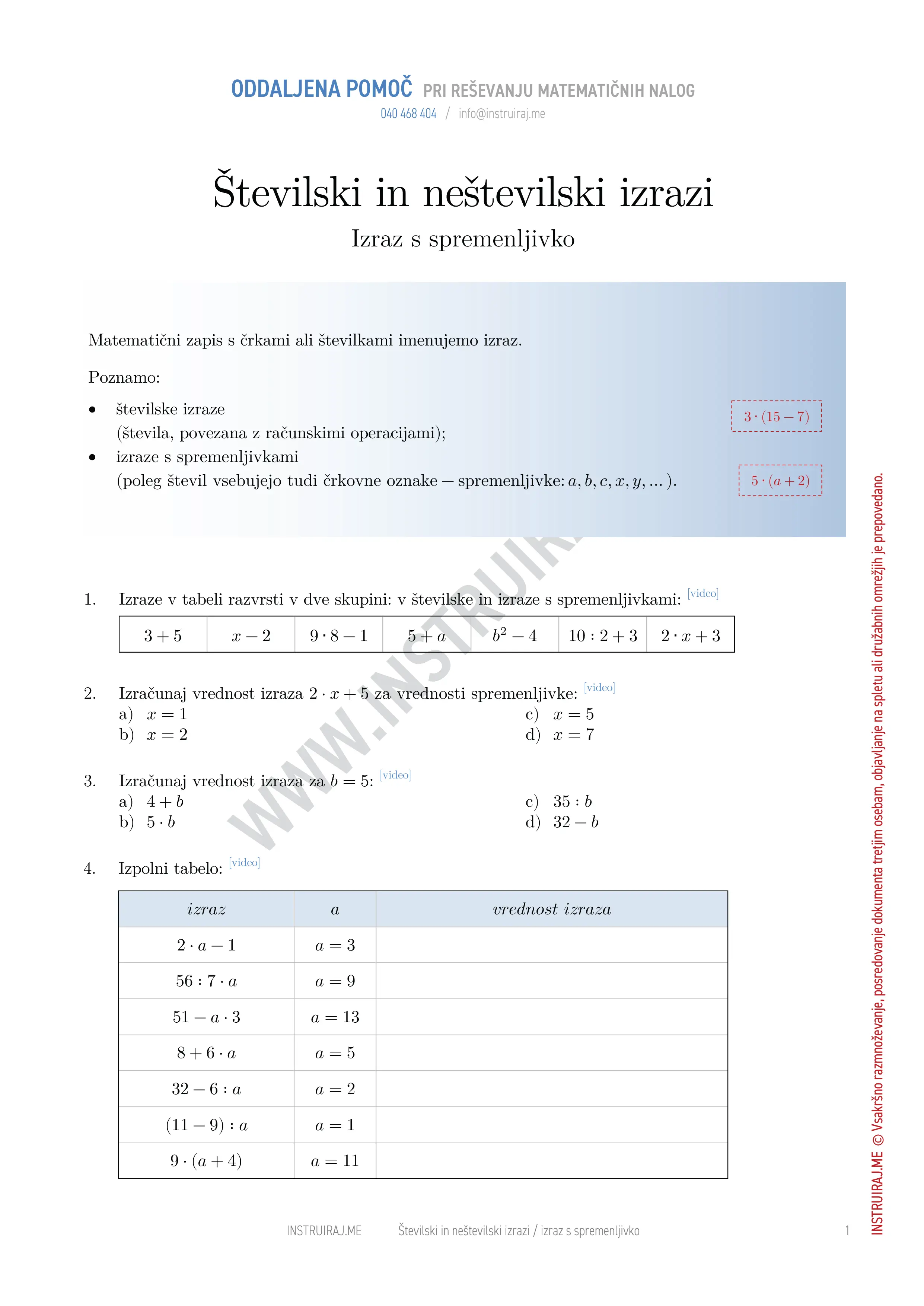 Številski in neštevilski izrazi: Izraz s spremenljivko