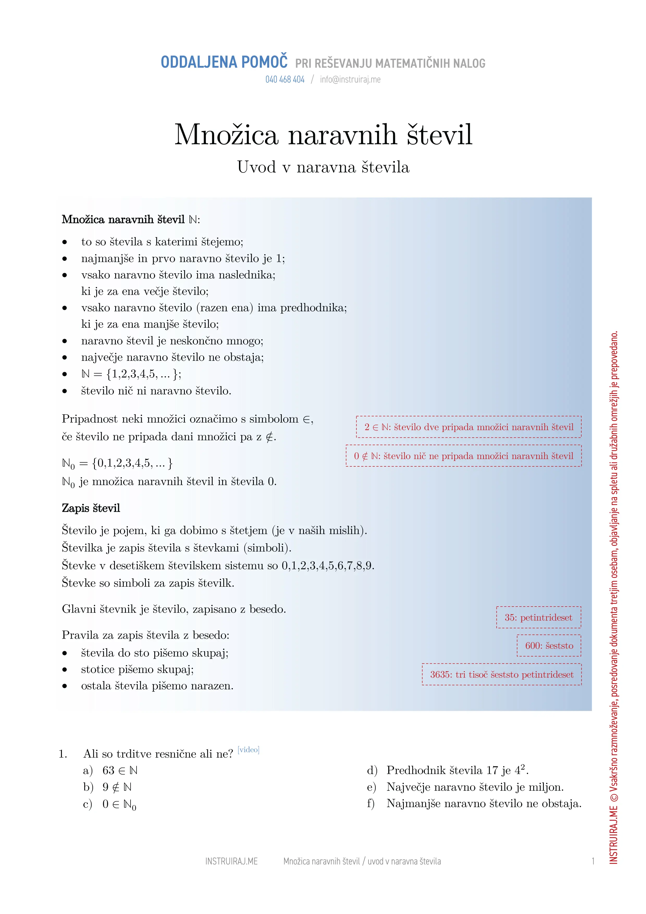 Množica naravnih števil: Uvod v naravna števila