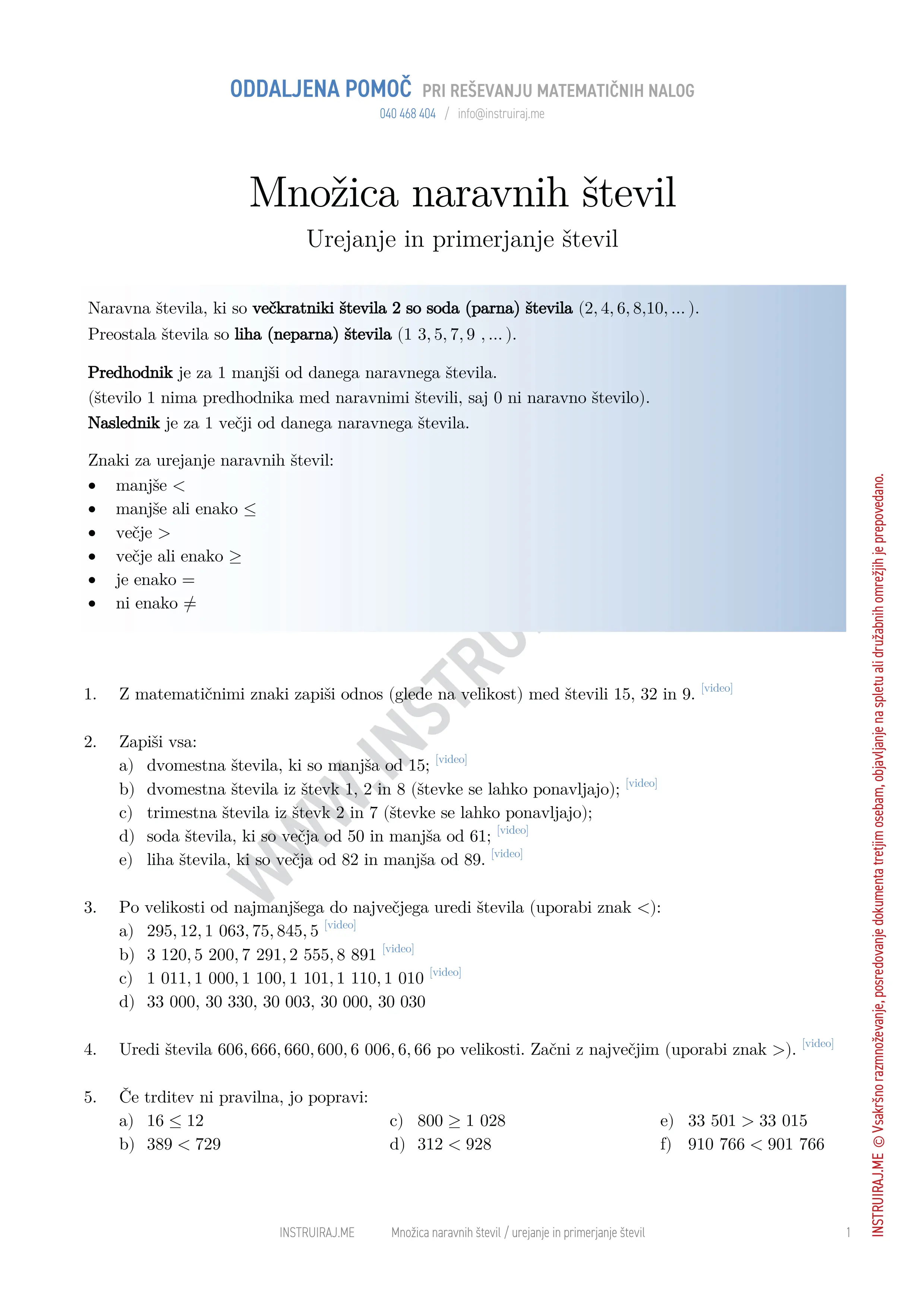 Množica naravnih števil: Urejanje in primerjanje števil