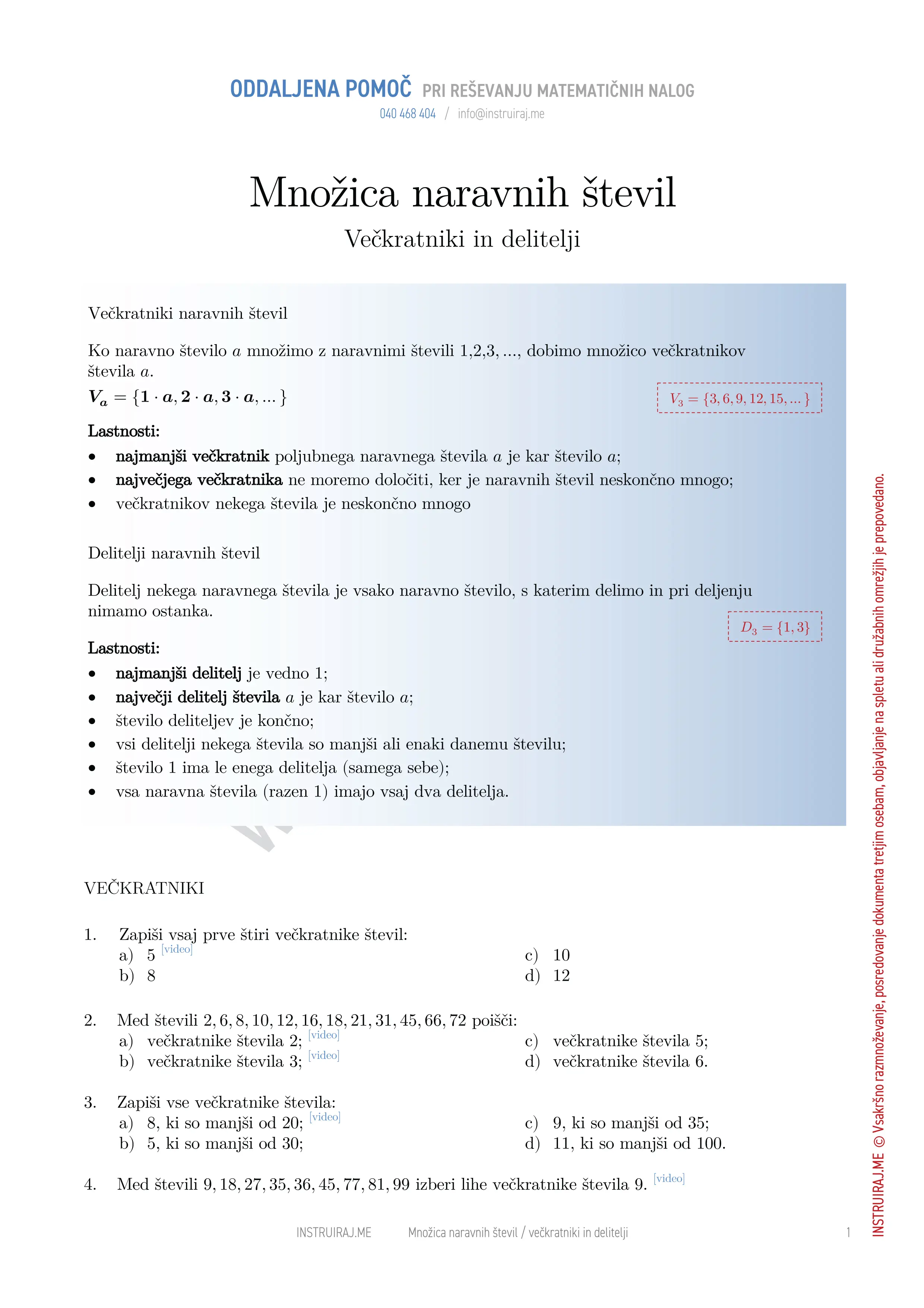 Množica naravnih števil: Večkratniki in delitelji
