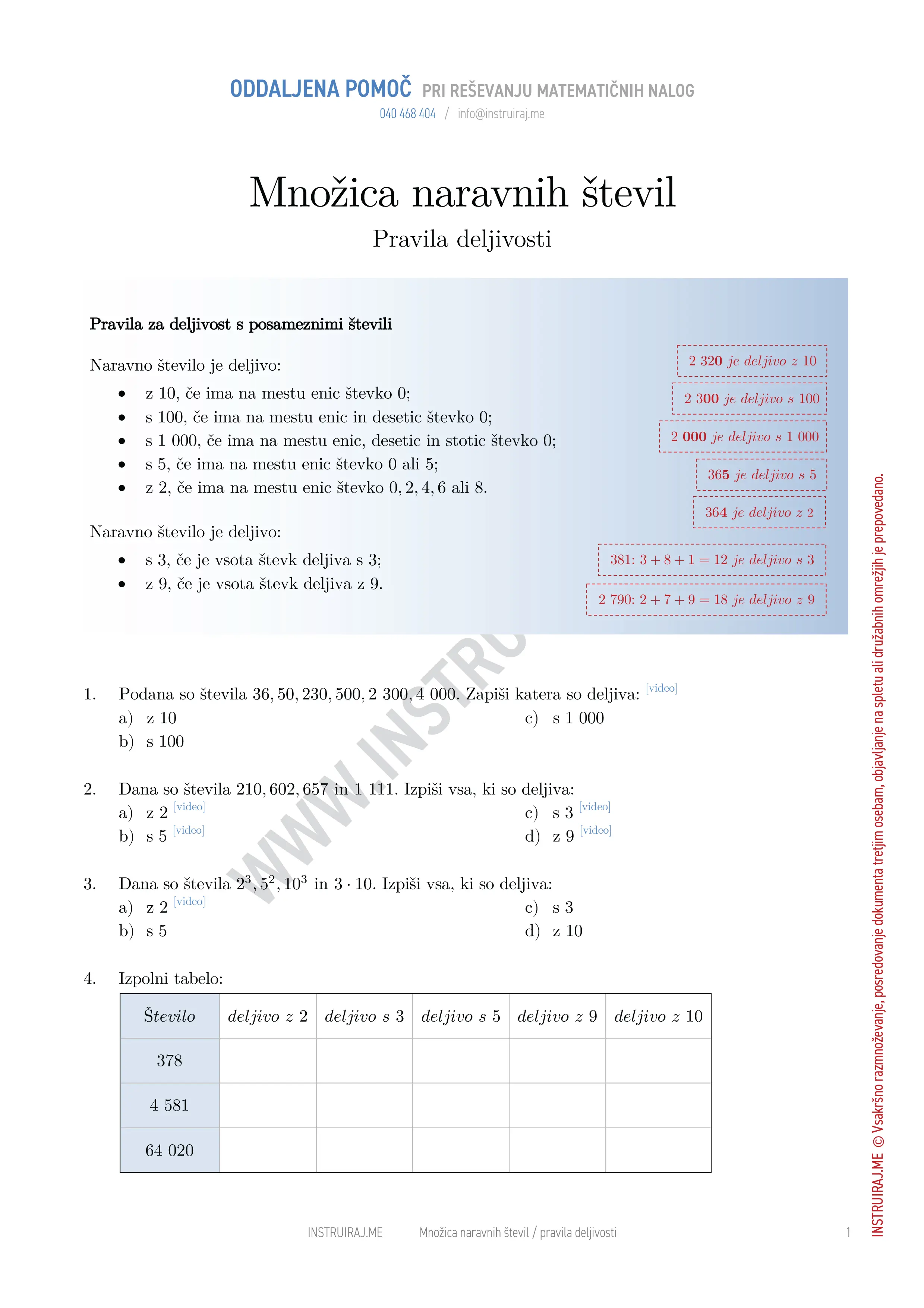 Množica naravnih števil: Pravila deljivosti
