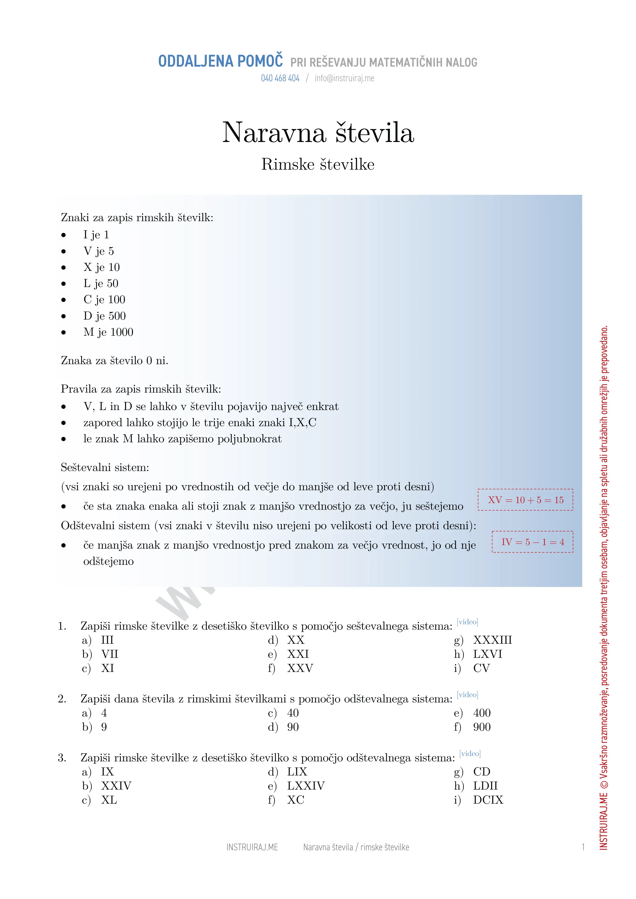 Množica naravnih števil: Rimske številke