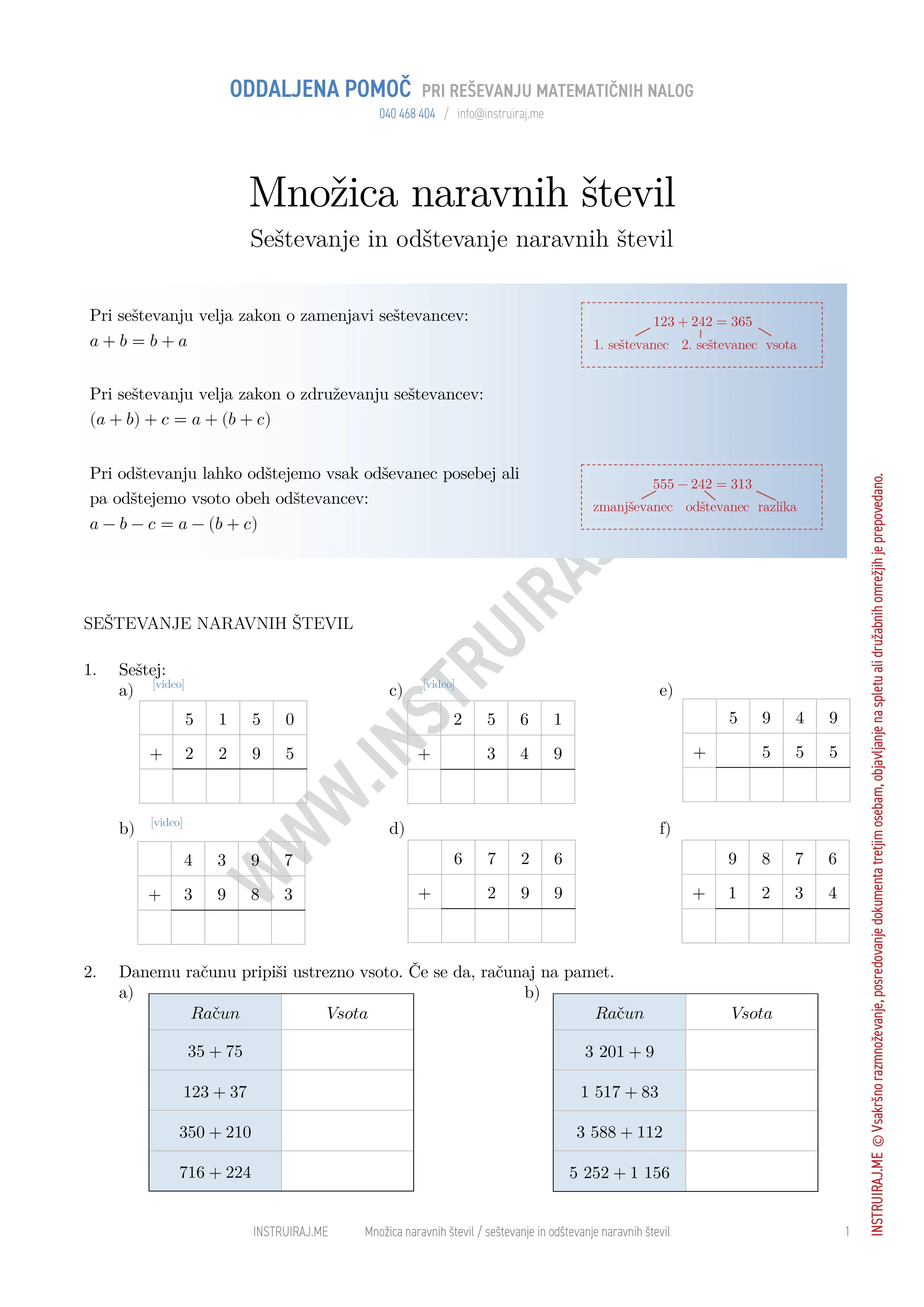 Množica naravnih števil: Seštevanje in odštevanje naravnih števil