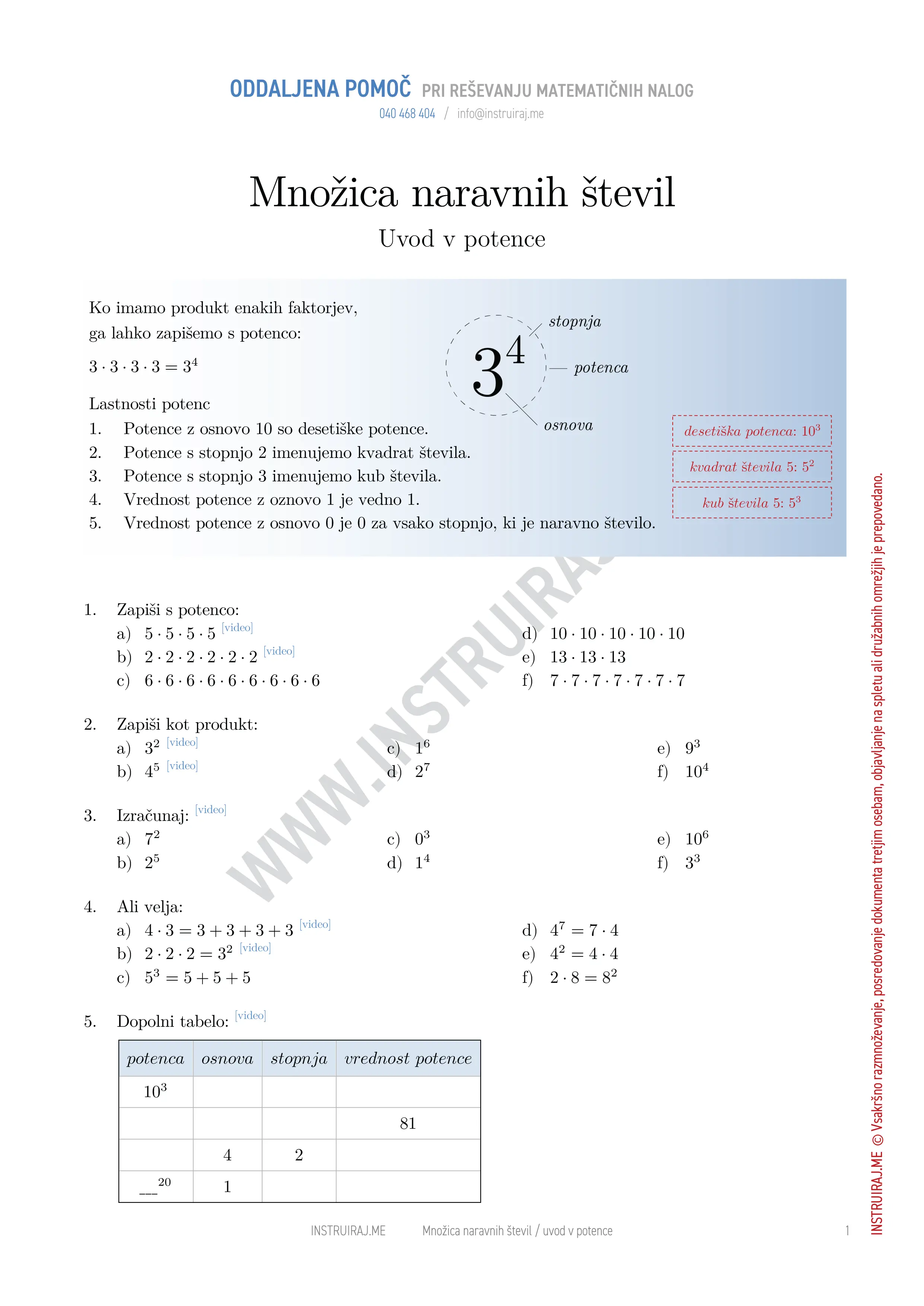 Množica naravnih števil: Uvod v potence